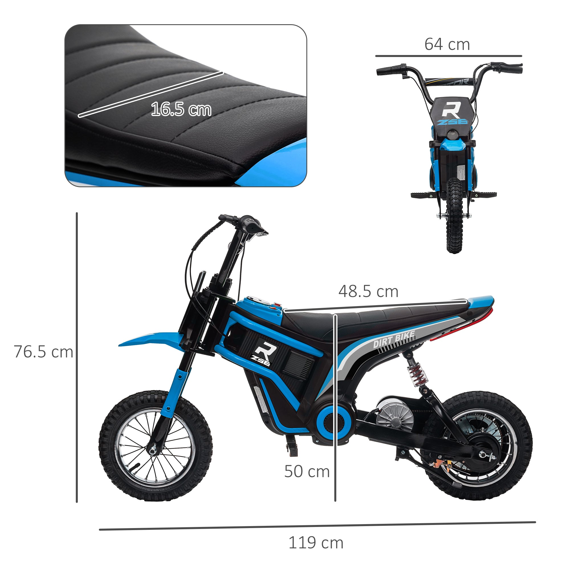 24V Electric Motorbike with Twist Grip Throttle, Music, Horn, 12" Pneumatic Tyres, 16km/h Max Speed - Blue
