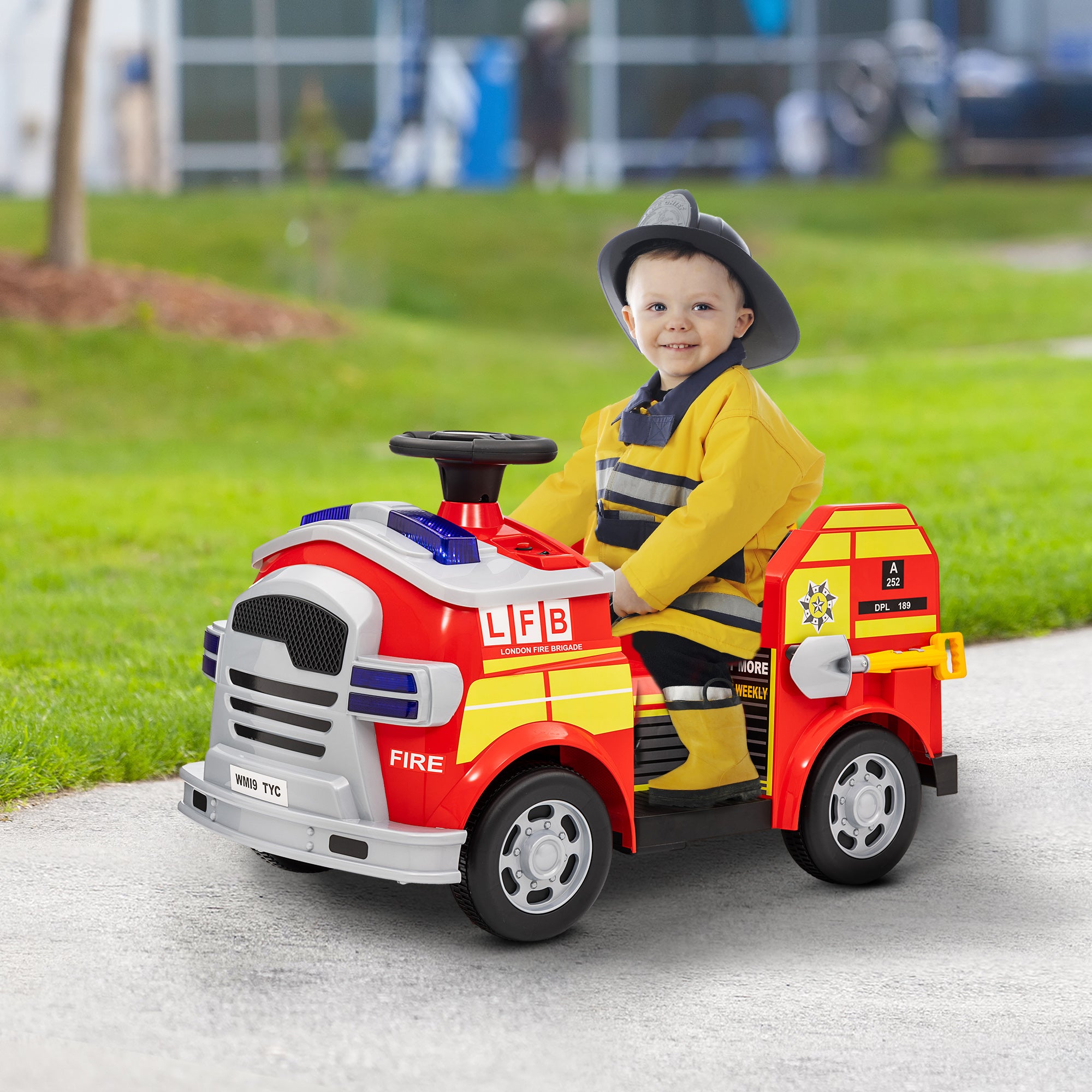 Ride on Fire Truck, 12V Kids Electric Car with Siren and Flashing Lights, Firefighting Tools, Music Horn, Slow Start