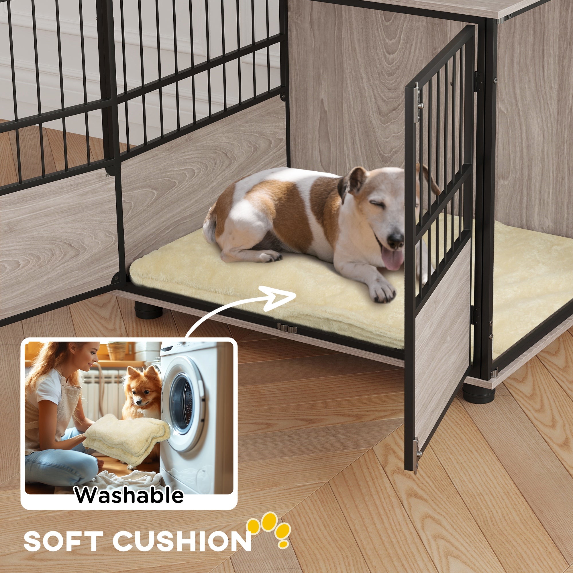 80cm Furniture Style Dog Crate with 3 Doors and Washable Cushion for Medium Dogs - Walnut Wood Finish