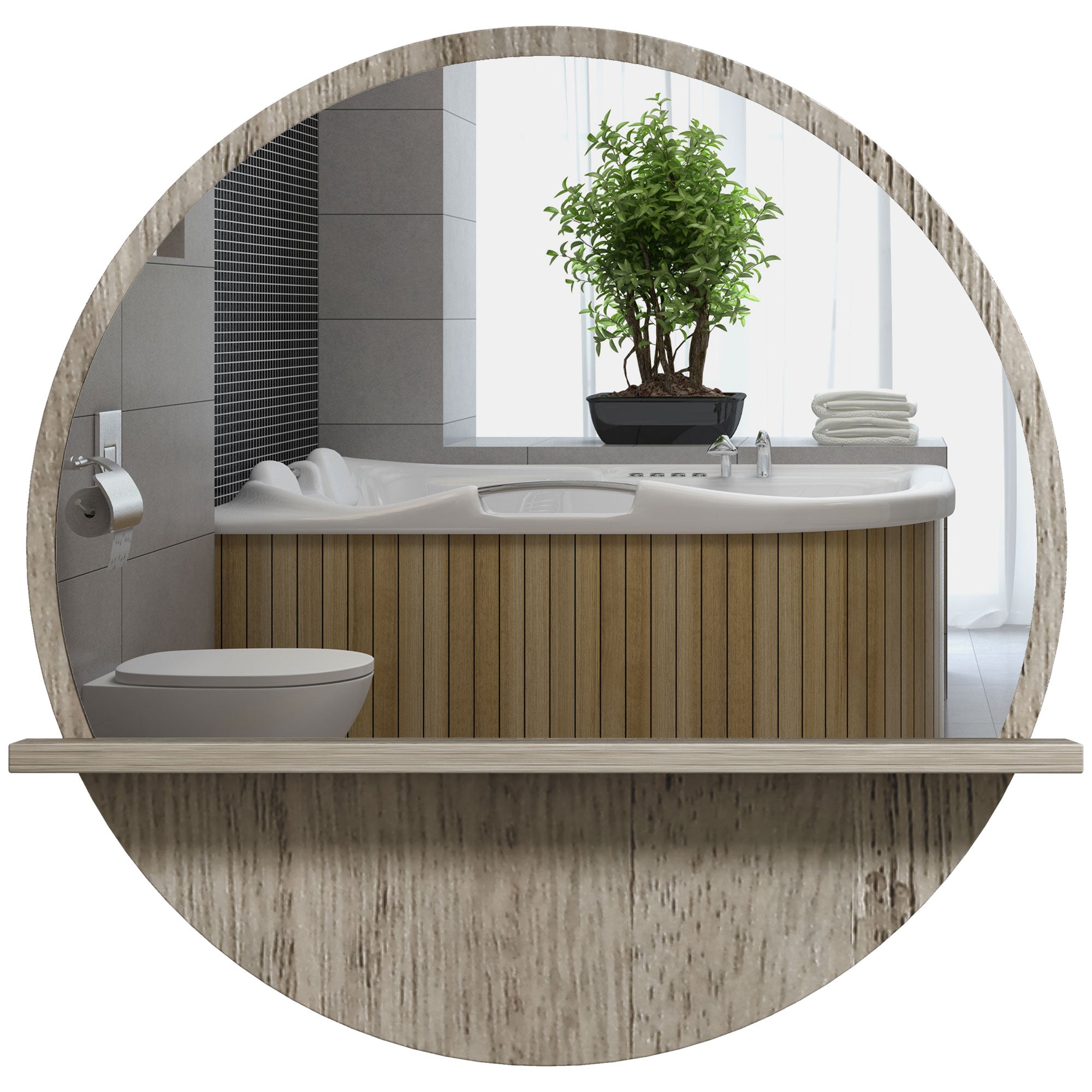 45cm Round Home Mirror, with Shelf - Grey Wood-Effect