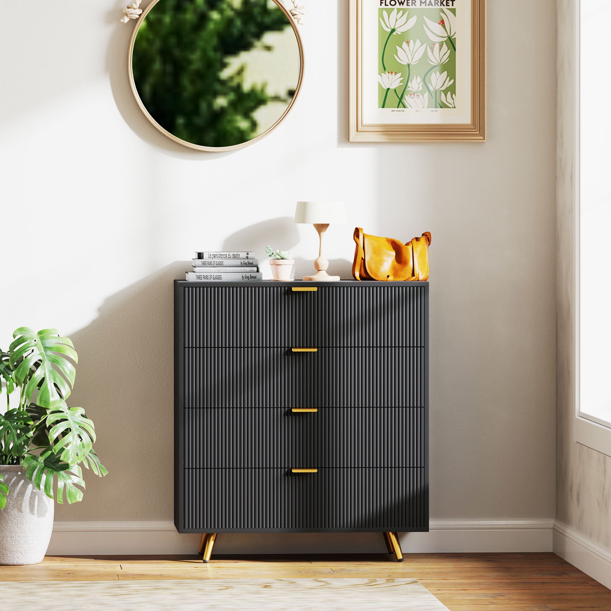 Elegant Four-Drawer Bedside Table with Gold Handles - Black