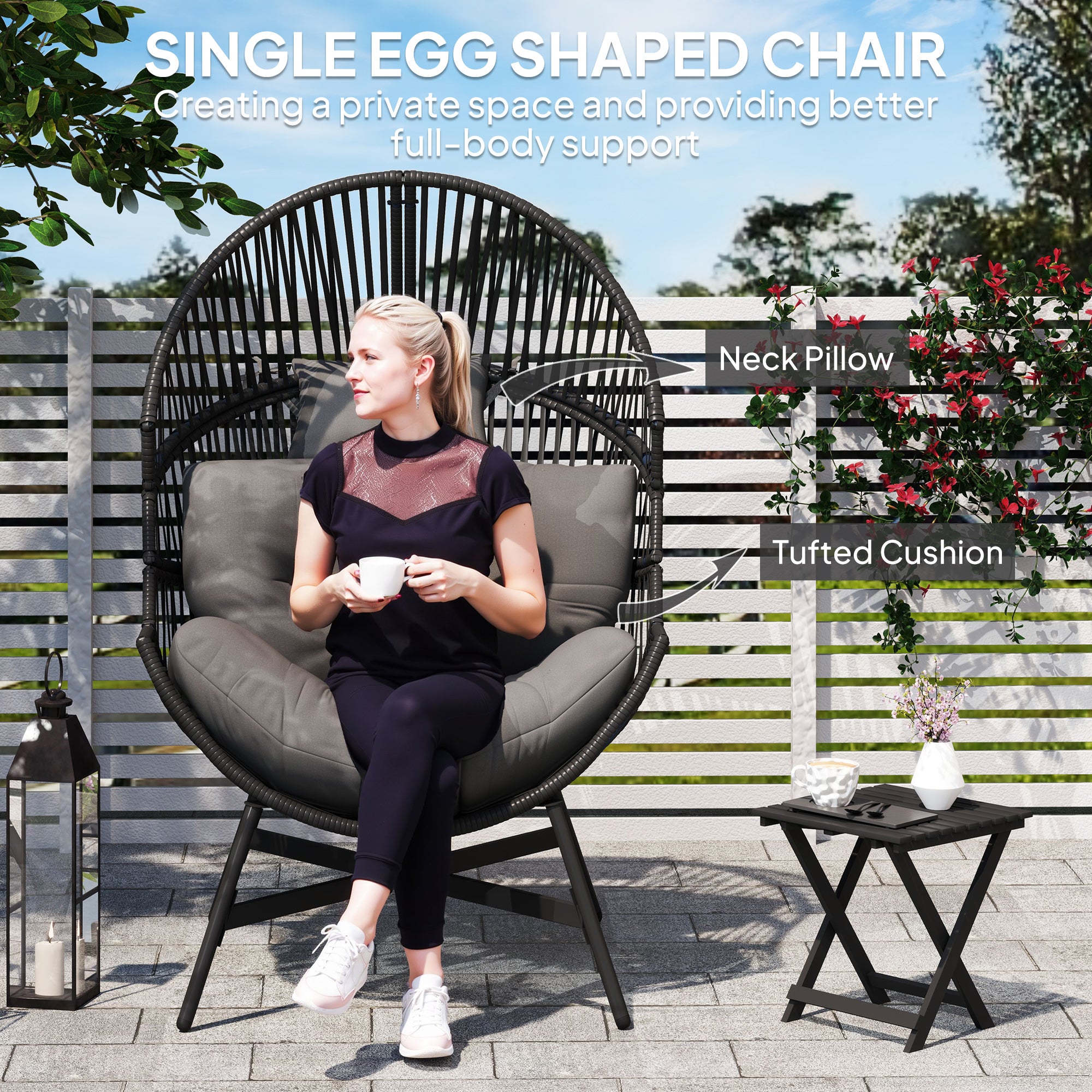 Standing Rattan Egg Chair with Steel Frame and Thick Cushion - Charcoal Grey