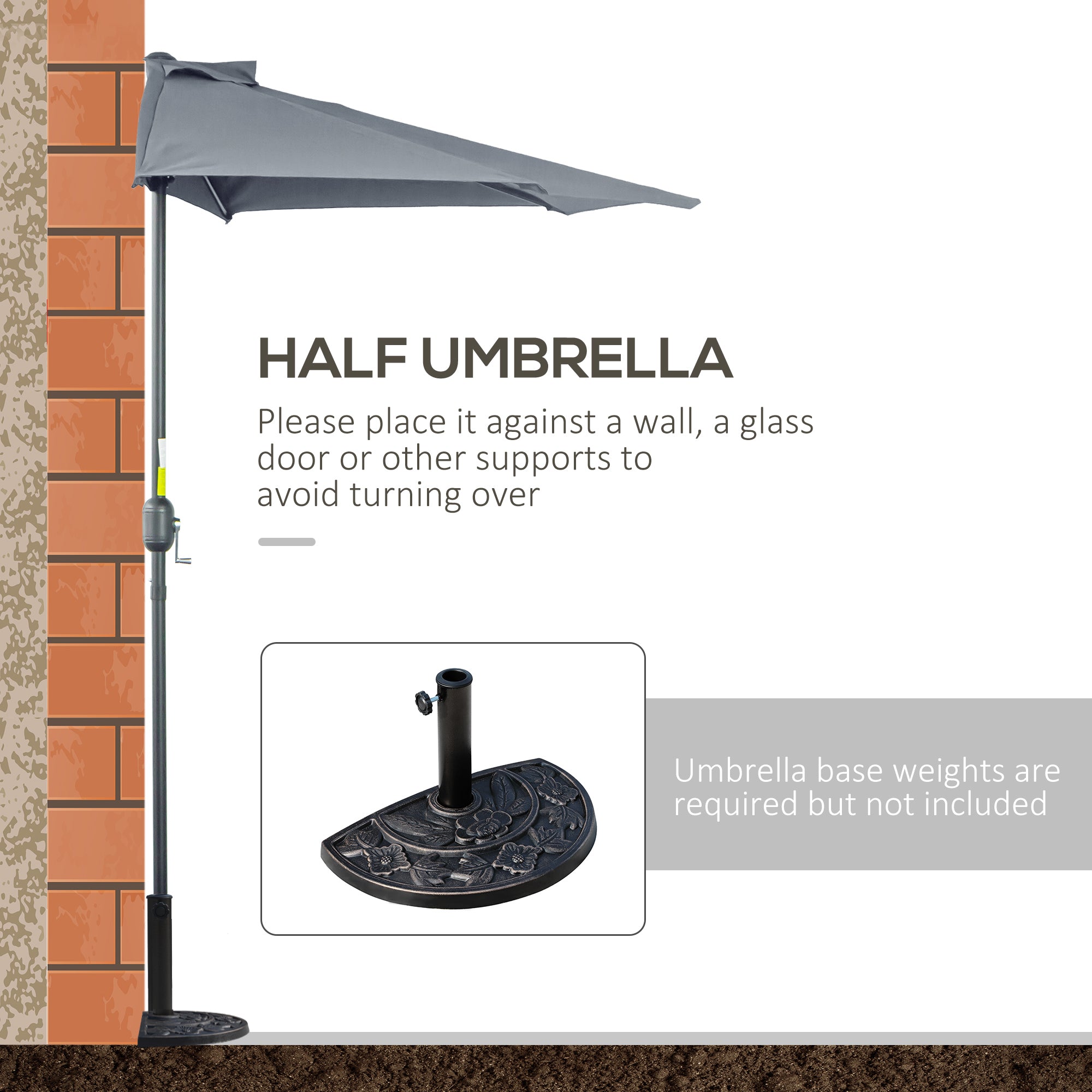 2.7m Garden Half Parasol, Outdoor Balcony Umbrella with 5 Steel Ribs, Patio Sun Shade, Grey