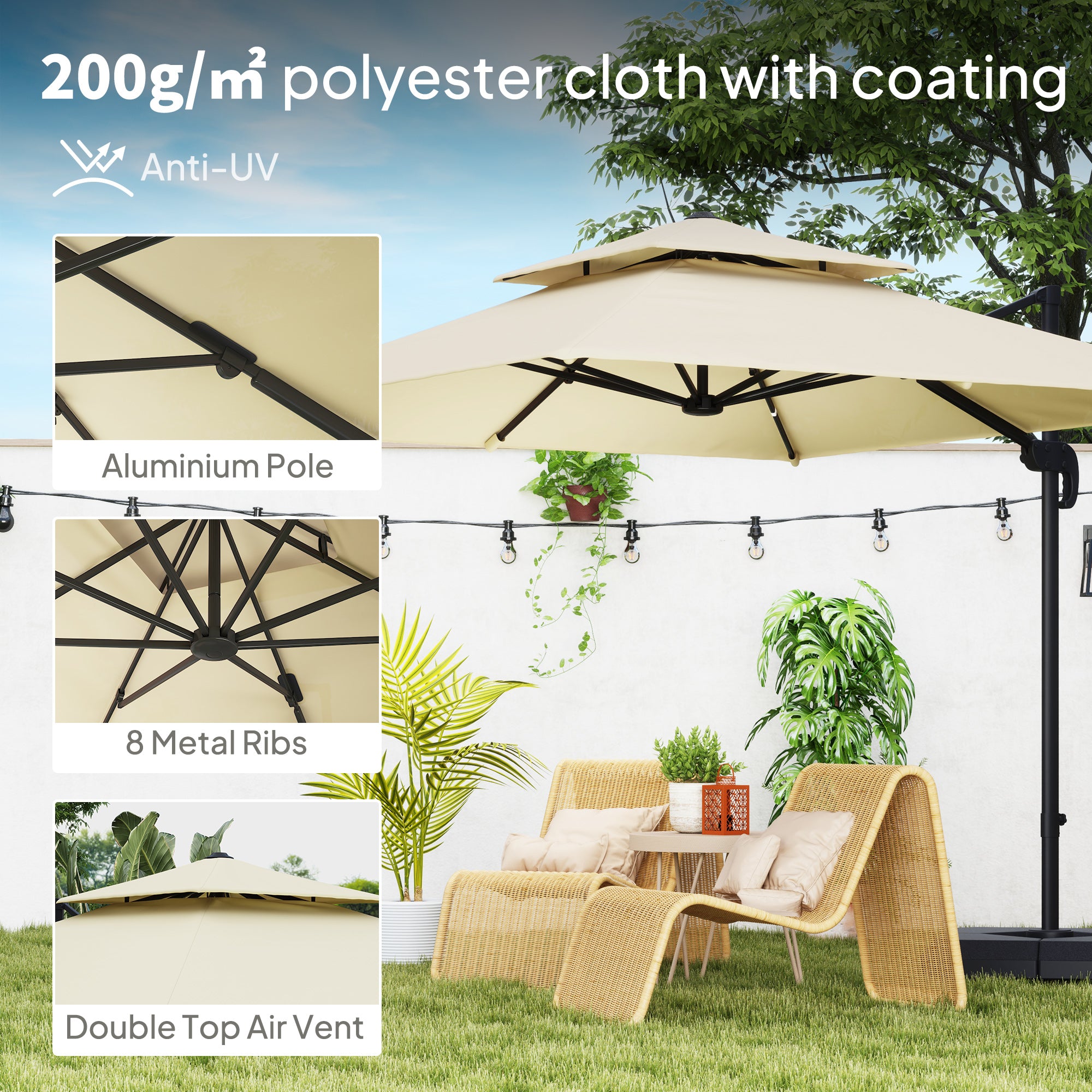 2.7 x 2.7(m) Cantilever Parasol with Aluminium Frame, Crank and Tilt, 360° Rotation, Double Top Garden Umbrella with Base and Cover, Khaki