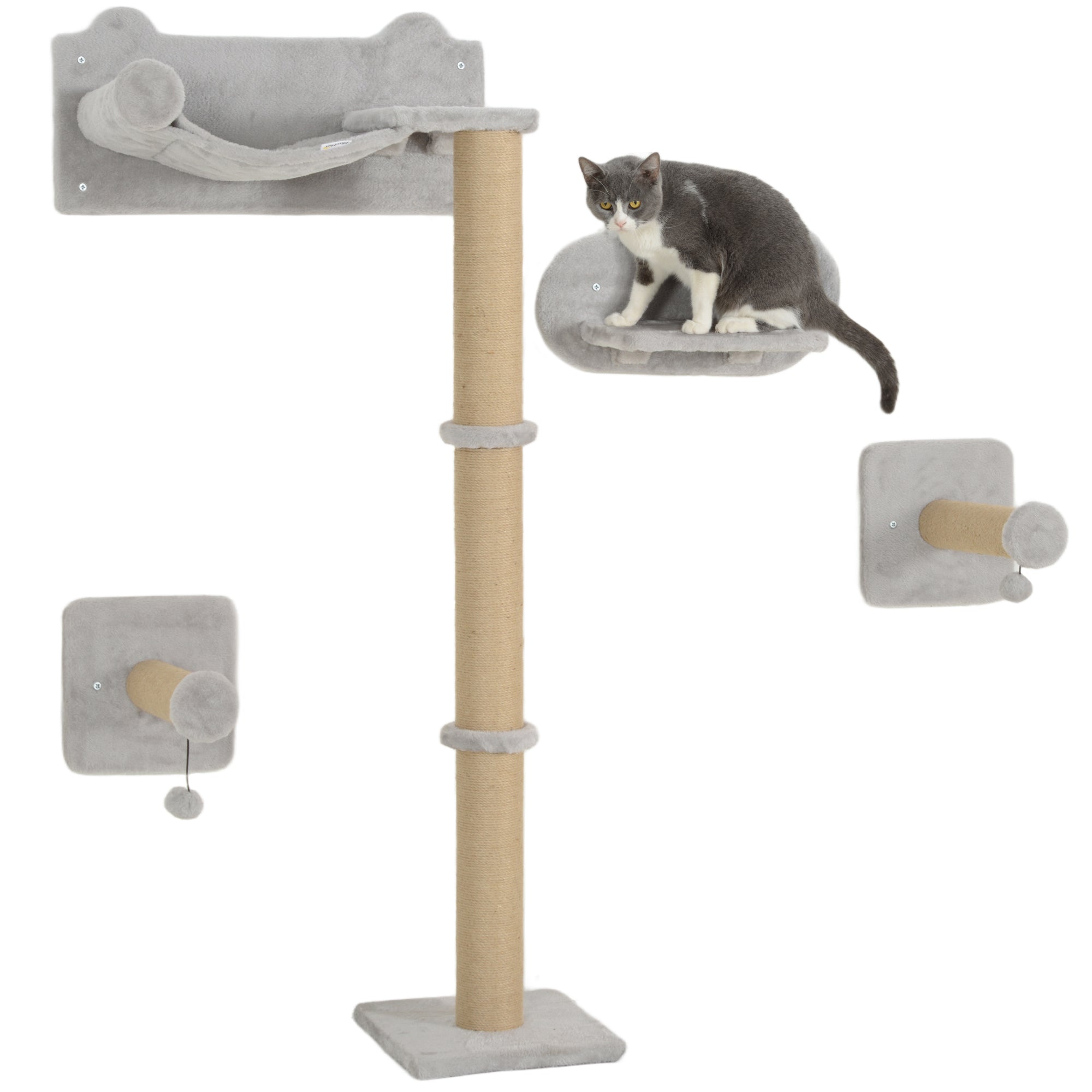 4 Piece Cat Shelves w/ Scratching Post, Steps, Jumping Platform, Ladder, Toy Balls, for Indoor Cats, Light Grey