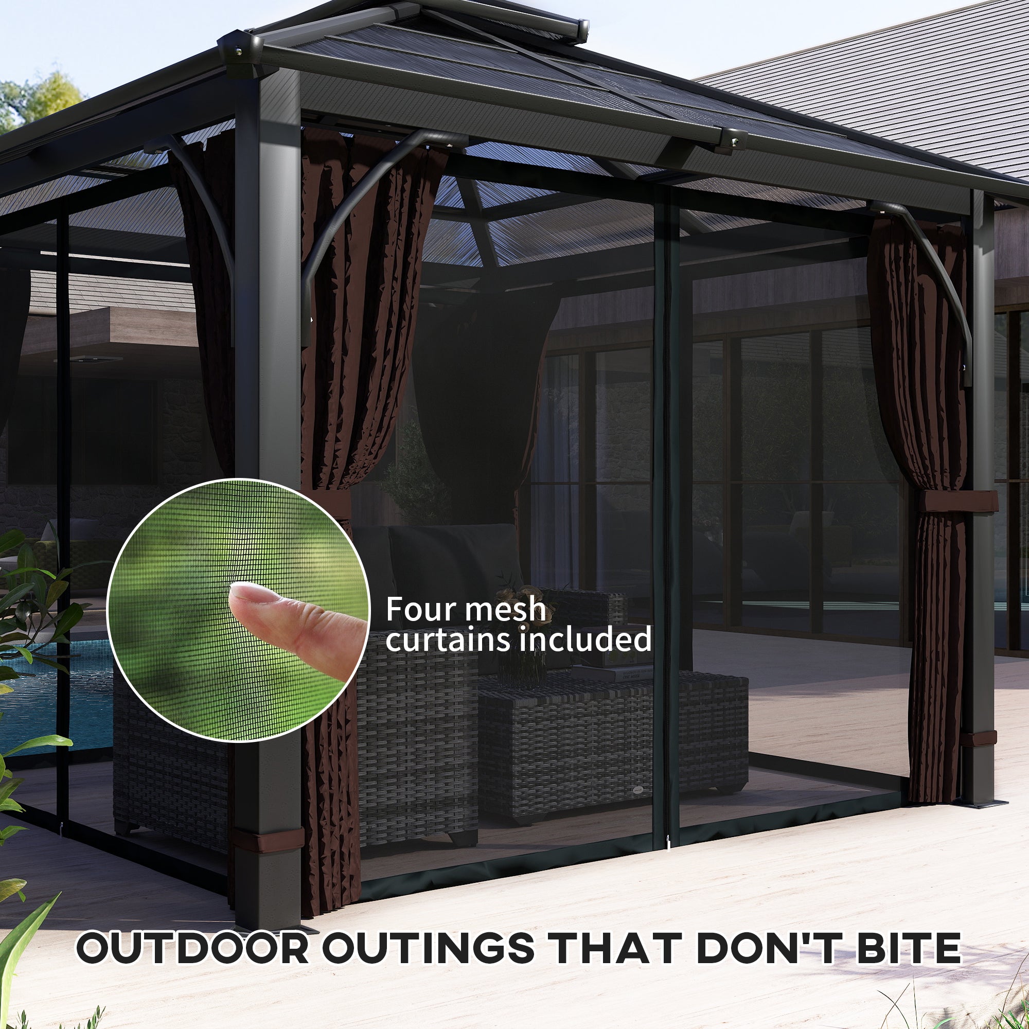 3 x 3(m) Hardtop Gazebo Canopy with 7mm Double Polycarbonate Roof, Garden Gazebo Permanent Pavilion with Mosquito Netting and Curtains for Patio, Deck, Brown