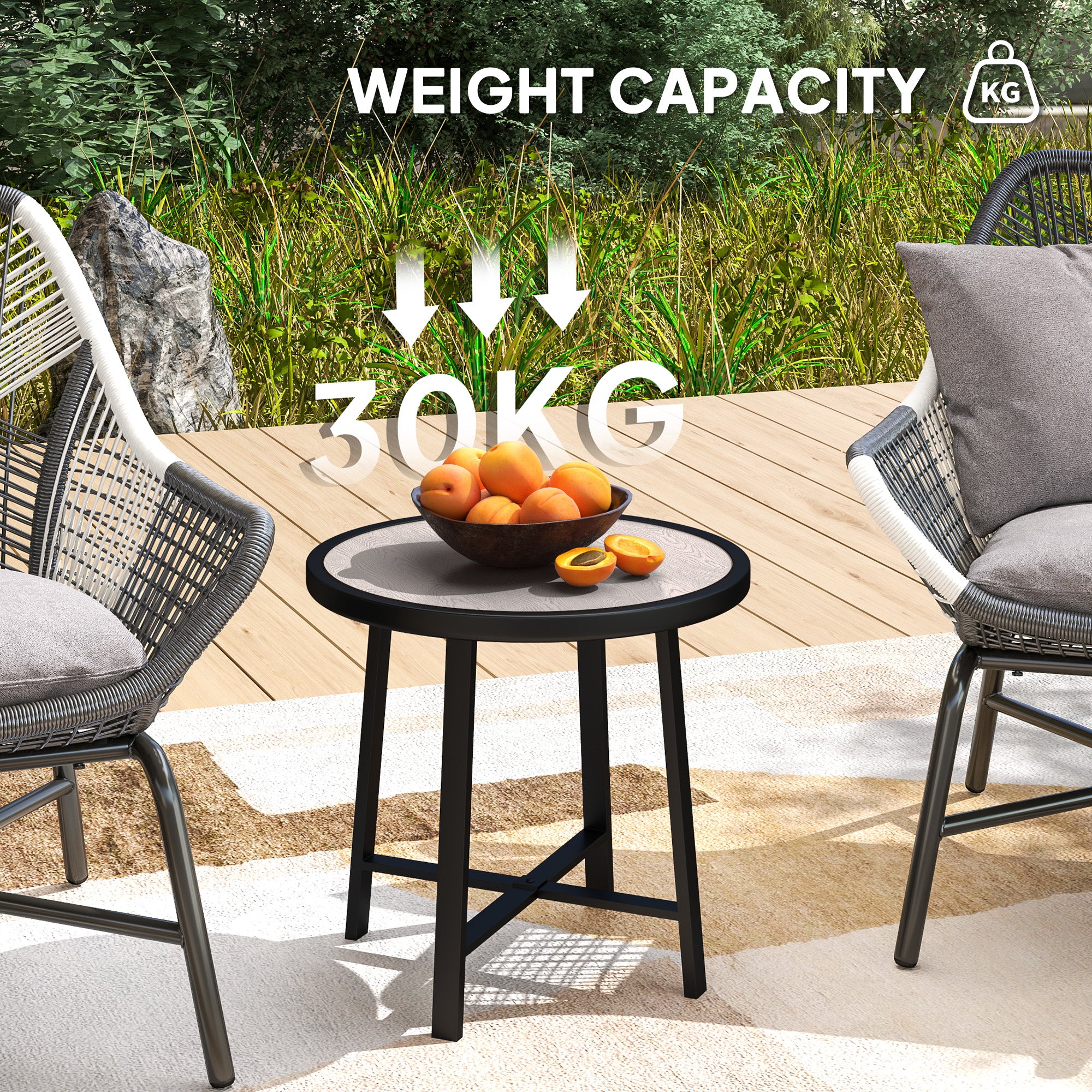 Small Round Garden Side Table with Waterproof SPC Top - Grey Wood Effect