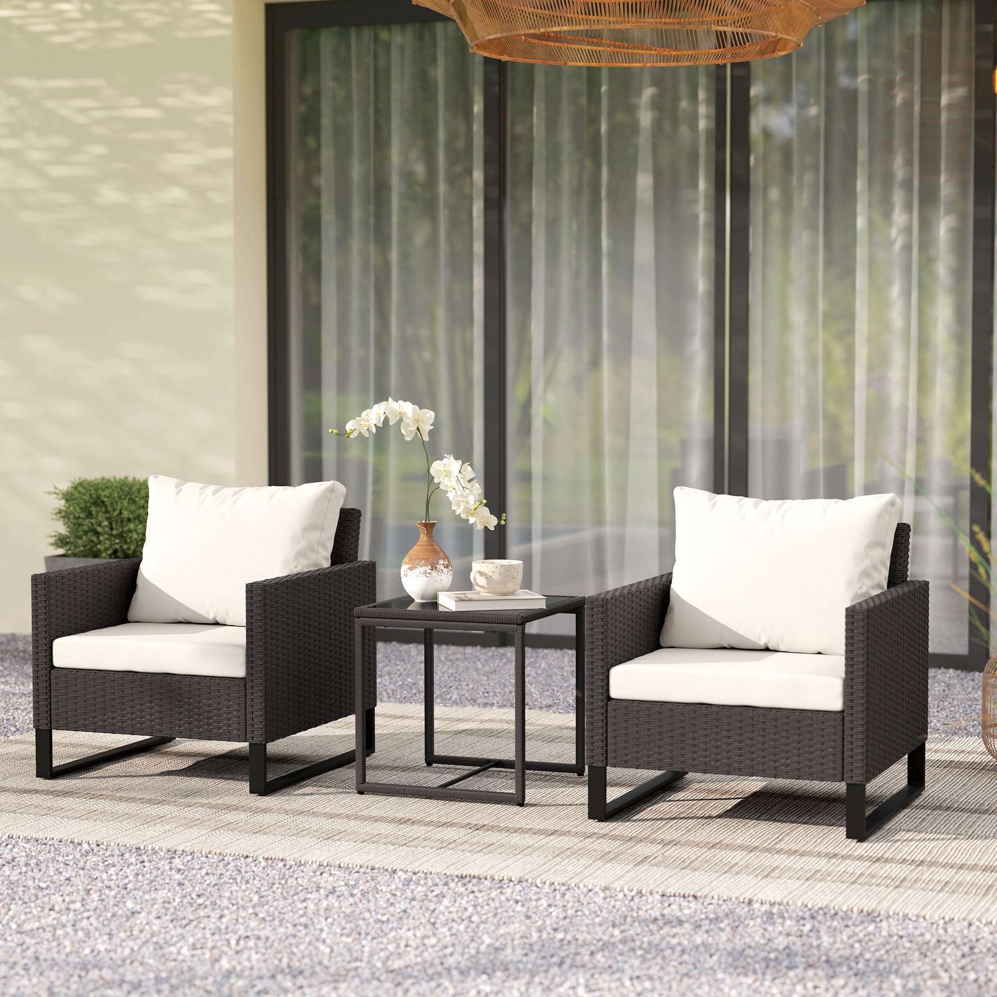 3 Piece Rattan Bistro Set with Cushions and Glass Table - Brown