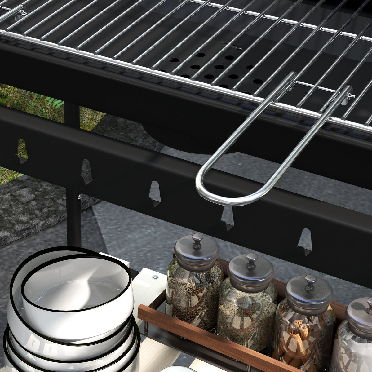 Charcoal Barbecue Grill with Adjustable Height & Ash Catcher Portable BBQ Trolley - Black