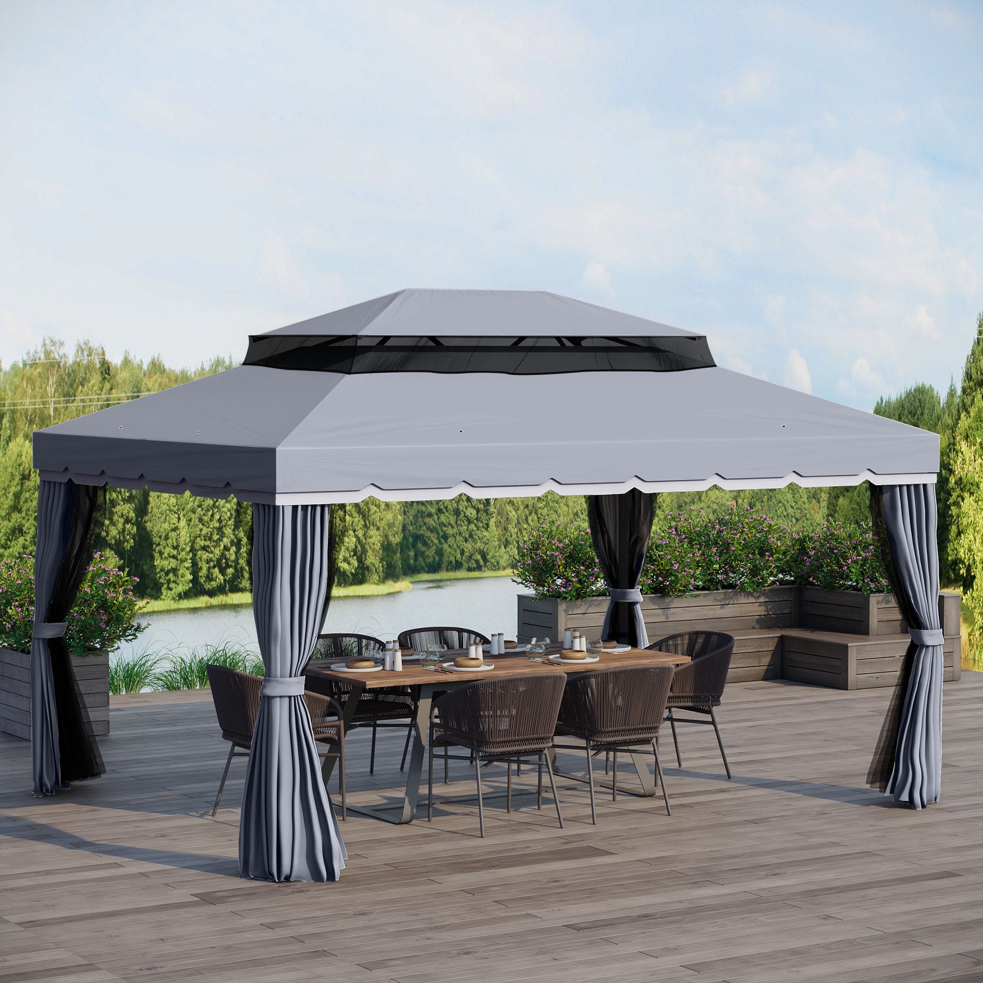 3x4m Aluminium Garden Gazebo with Nets and Curtains Marquee Canopy Shelter Pavilion - Dark Grey
