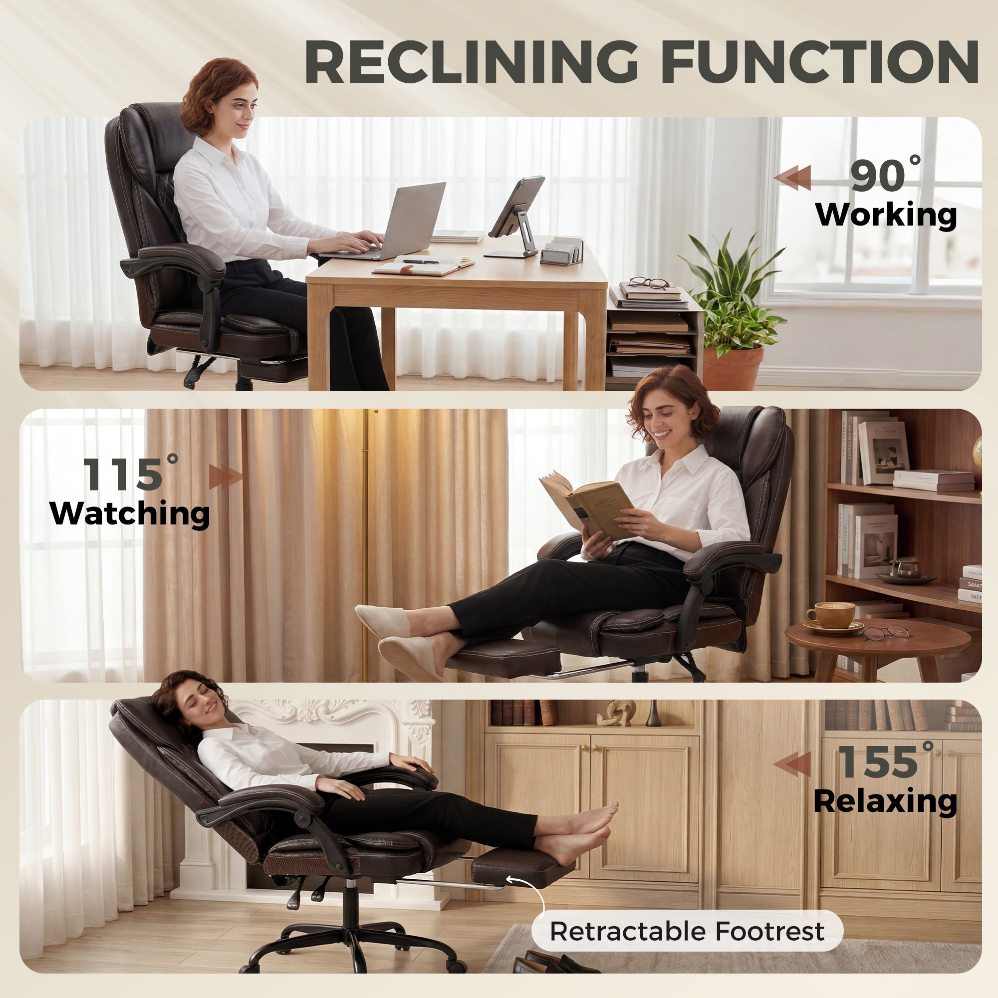 Executive Home Office Chair Reclining Function Footrest Computer Desk Chair High Back, Brown
