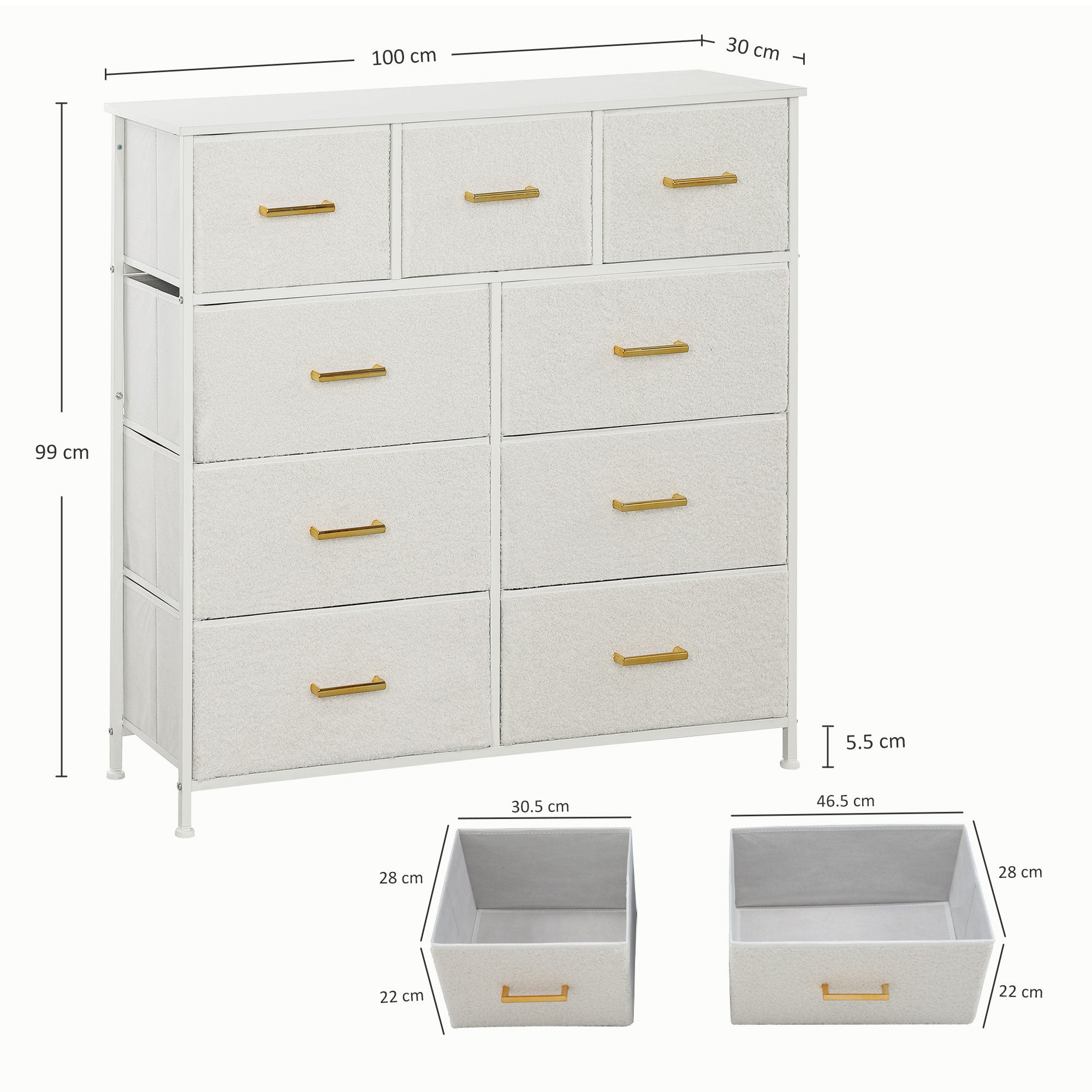 Chest of Drawers with 9 Fabric Drawers, Boucle Storage Organiser with Steel Frame, Fabric Dresser for Bedroom, Living Room, Hallway, Cream White