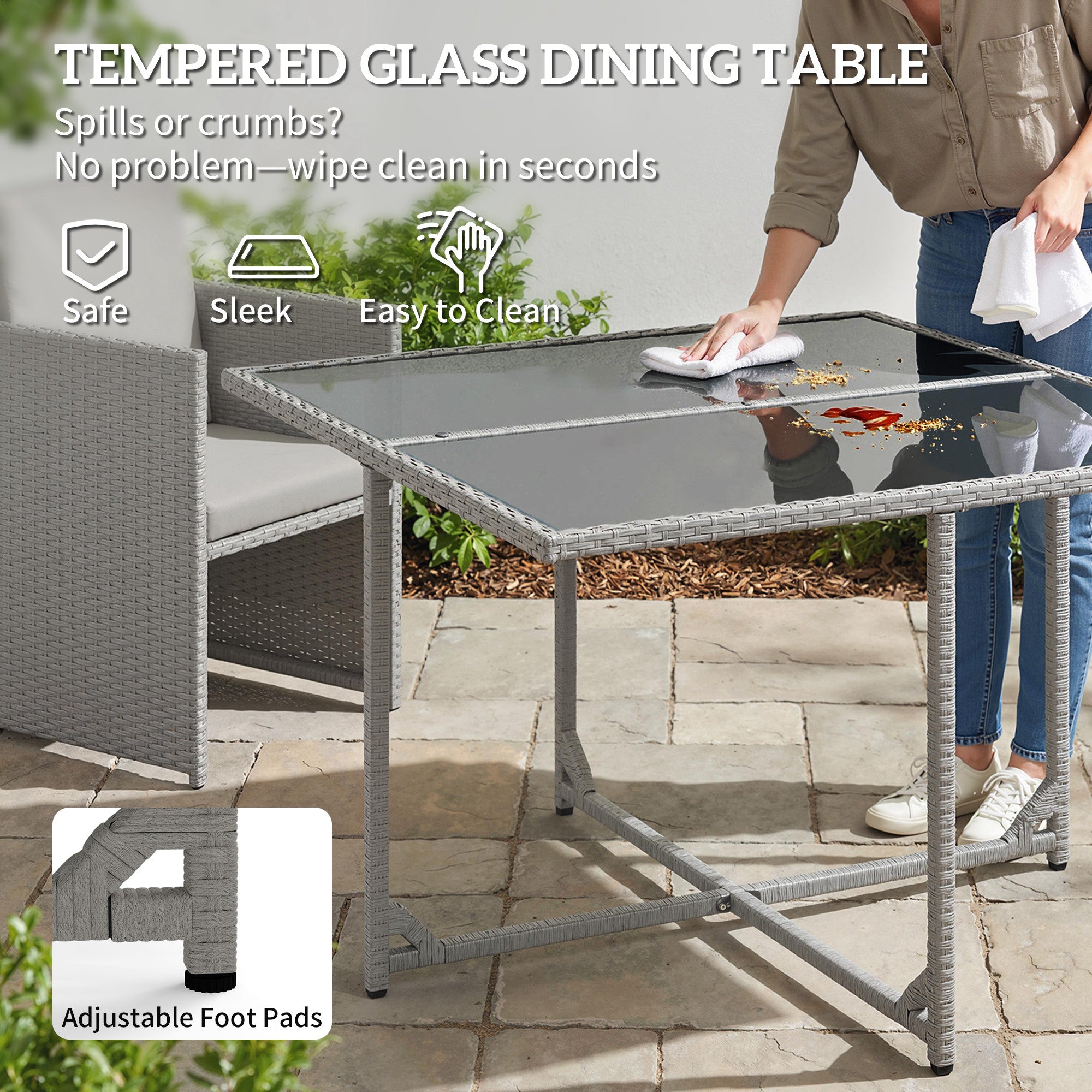 9 Piece Rattan Cube Garden Furniture Dining Set with Armchairs, Footstools and Glass-Top Table, Light Grey
