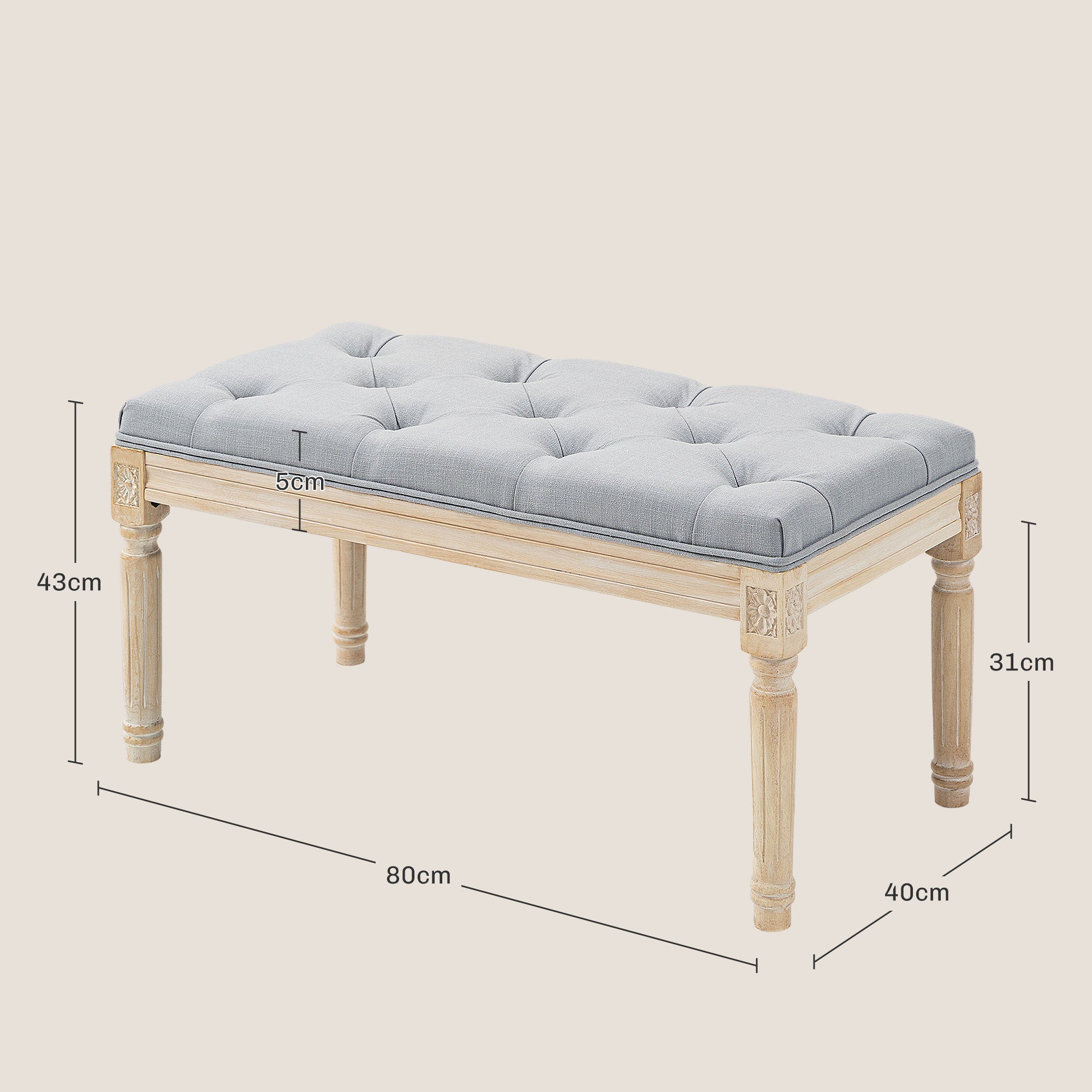 End of Bed Bench Tufted Upholstered Bench, Light Grey