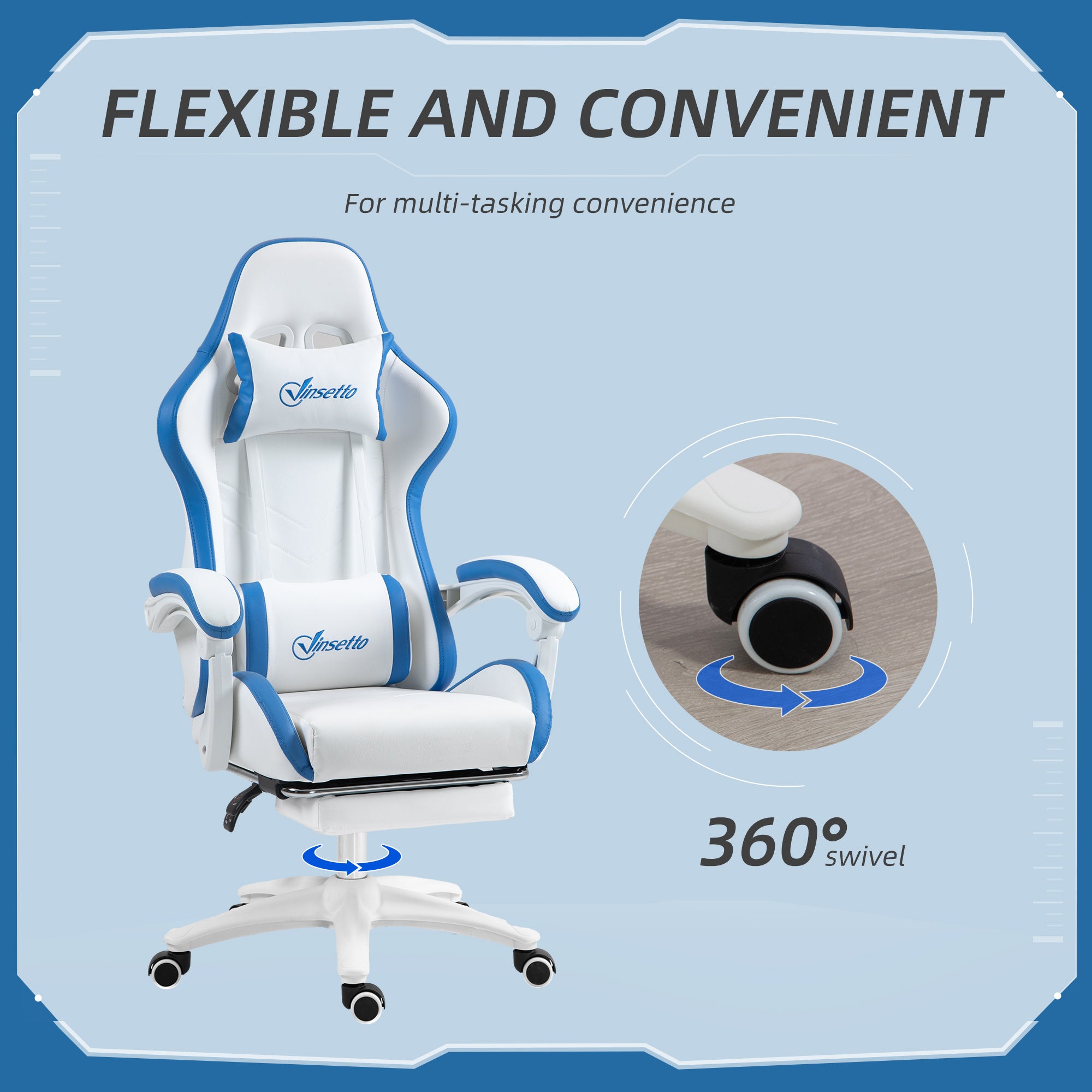 Computer Gaming Chair, PU Leather Desk Chair with Footrest, Swivel Task Chair with 135° Reclining Back and Lumbar Support, PC Chair for Adults, White and Blue