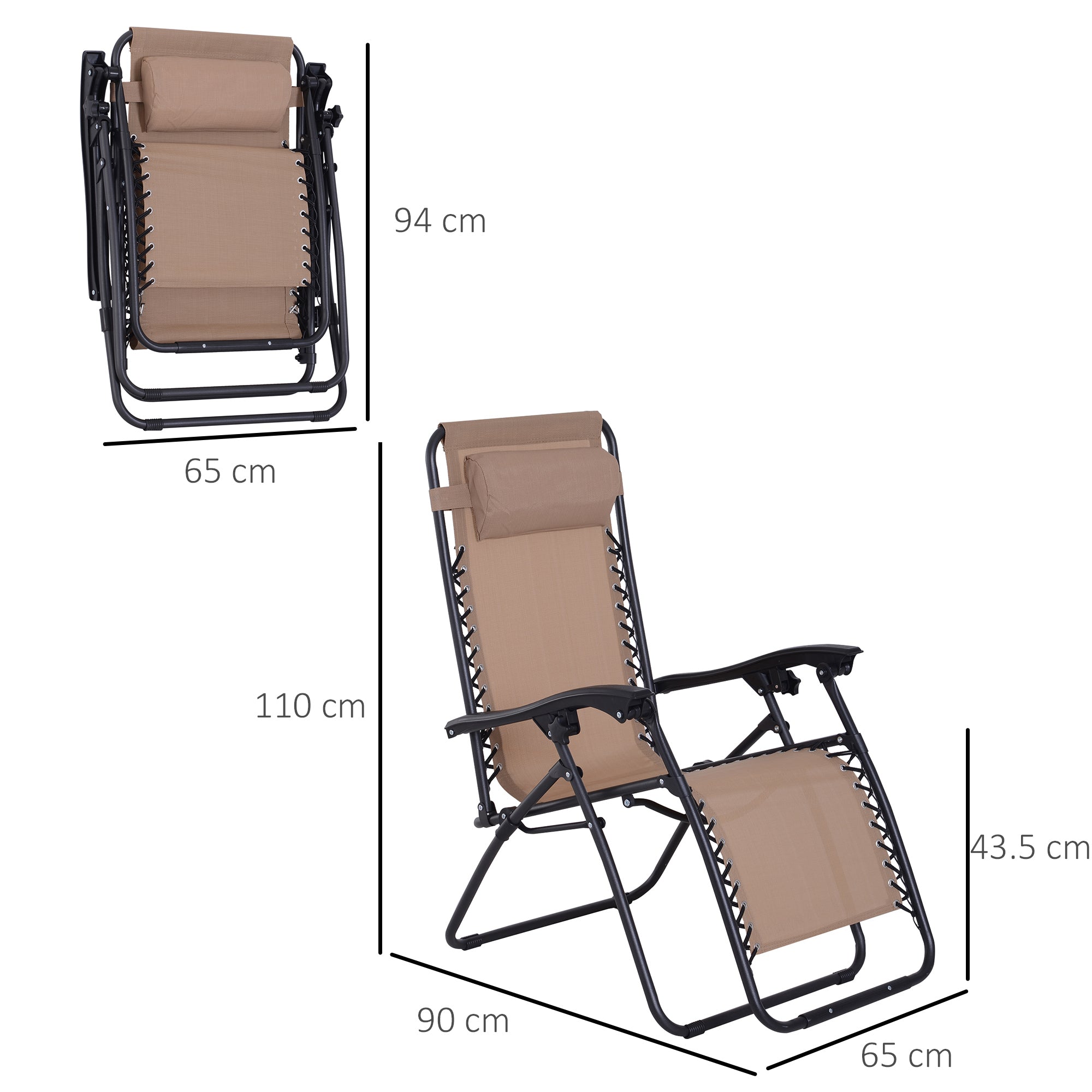 Zero Gravity Chair Set of 2, Metal Frame Texteline Armchair Outdoor Folding and Reclining Sun Lounger with Head Pillow for Patio Decking Gardens Camping, Beige