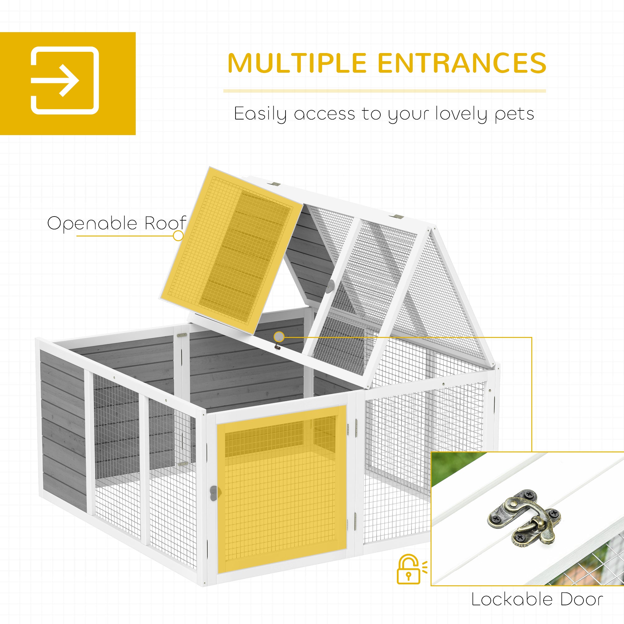 Rabbit Hutch with Openable Foldable Roof, Light Grey