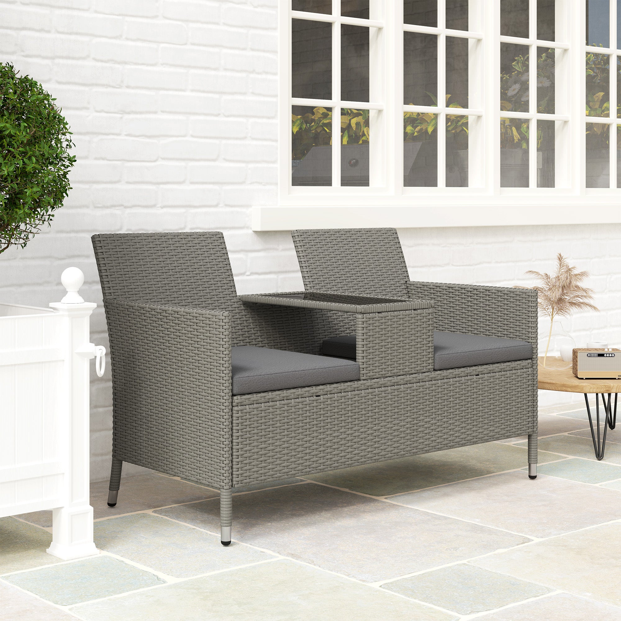 2-Seater PE Rattan Outdoor Garden Bench w/ Centre Table Grey