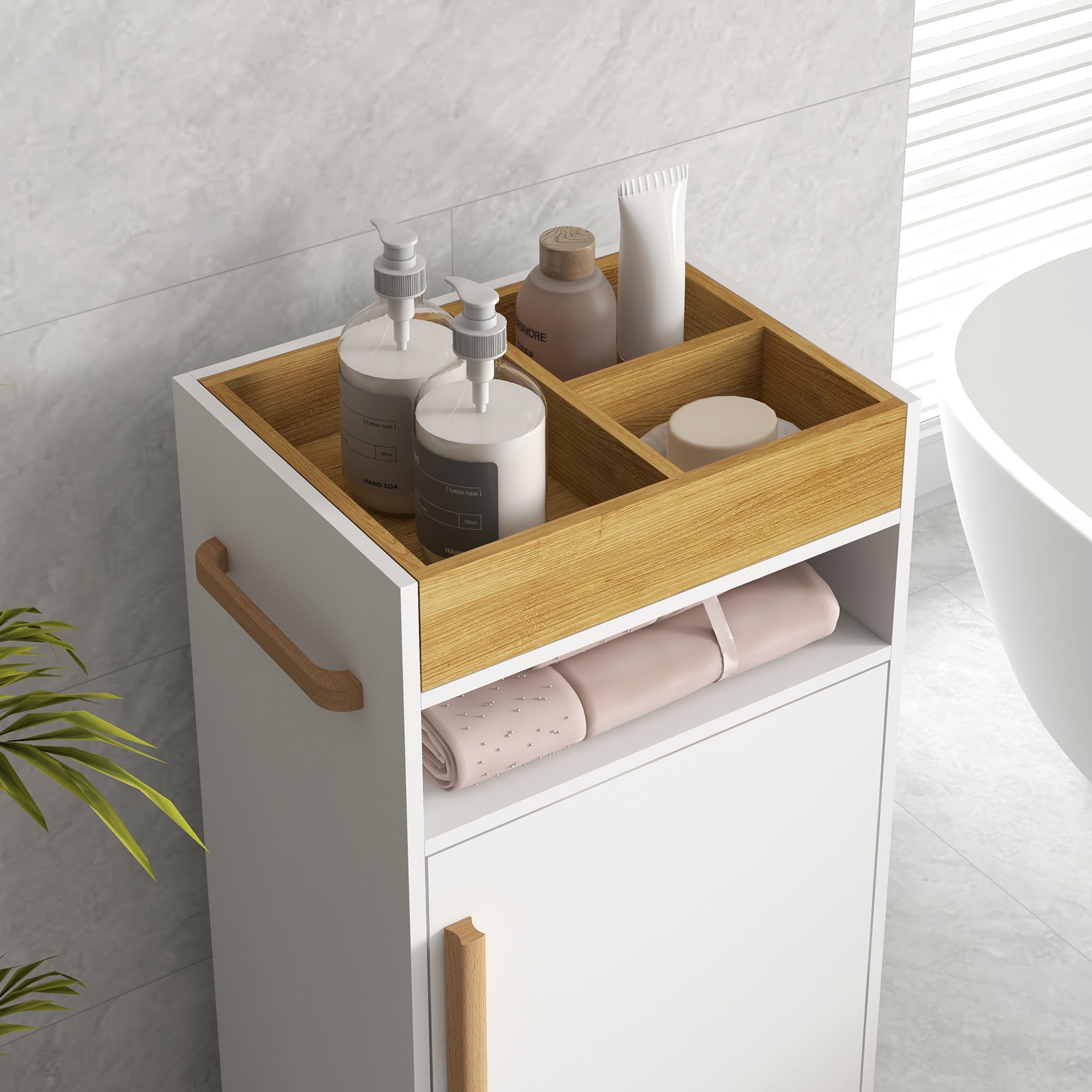 Scandinavian-Style Bathroom Cabinet, with Removable Top Tray - White/Wood Effect