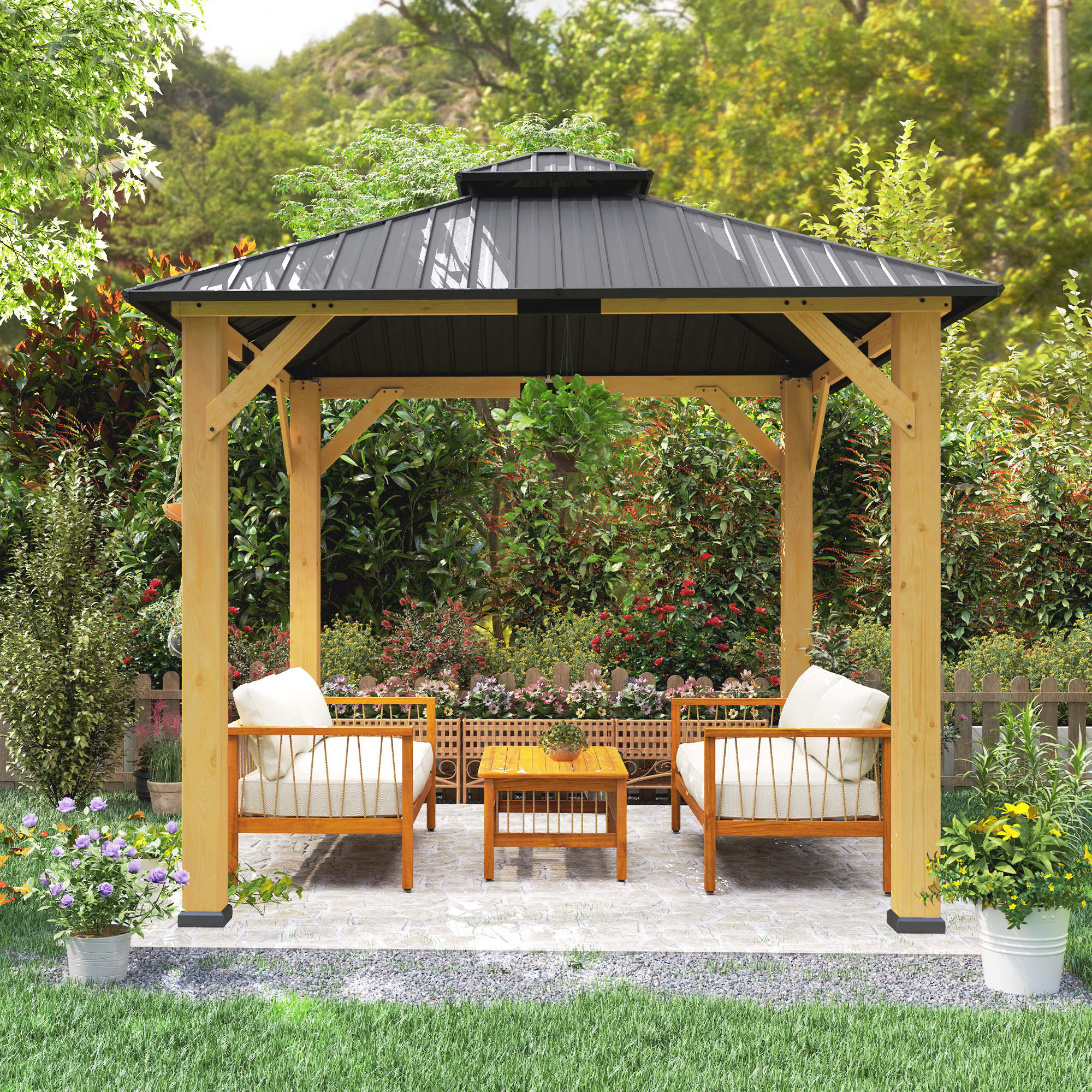 3x3M Outdoor Hardtop Gazebo Canopy with 2-Tier Roof and Solid Wood Frame - Grey