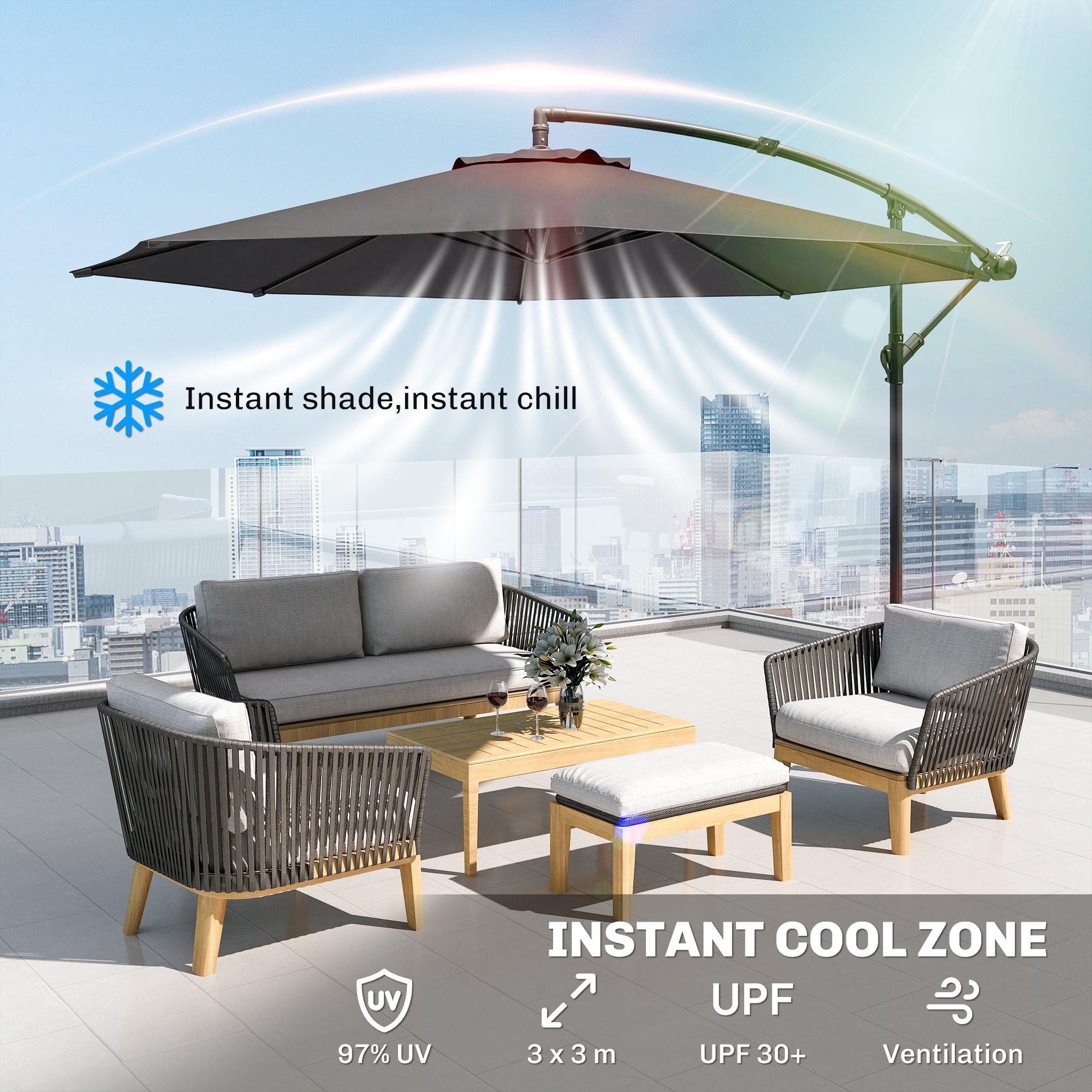 3 m Overhanging Cantilever Parasol, with Cross Base - Grey