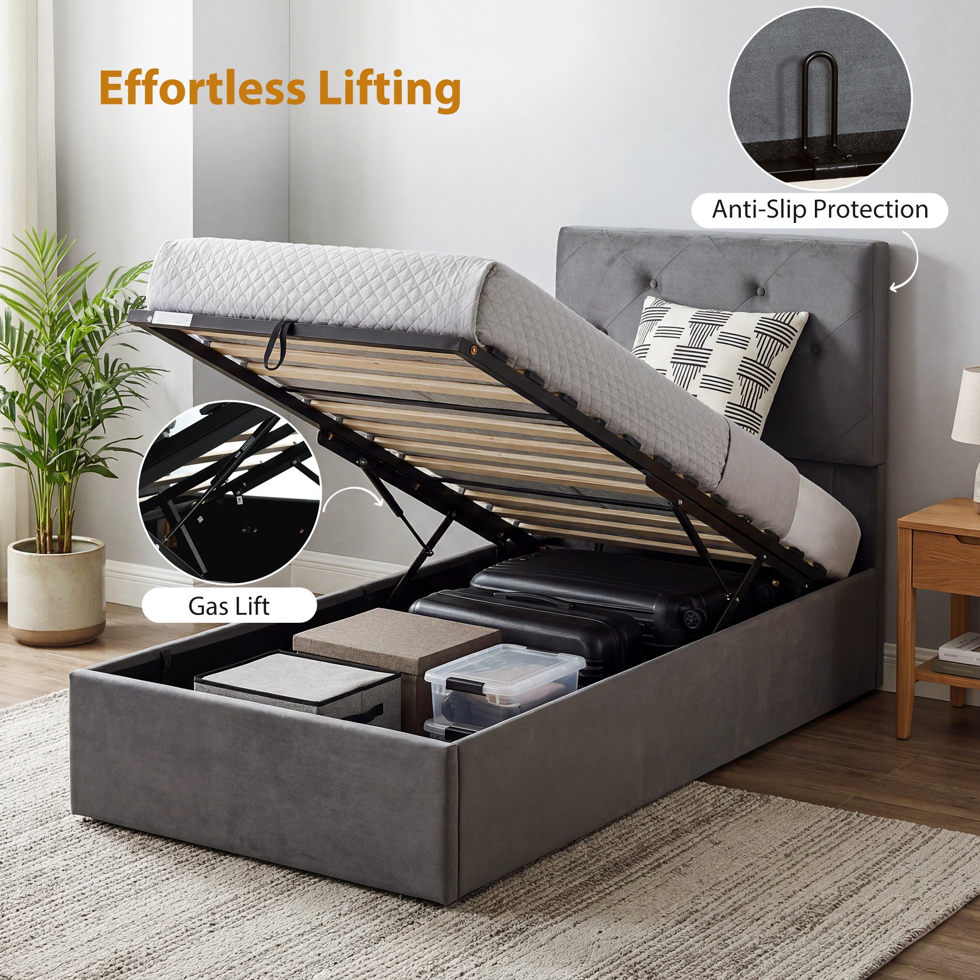 Single Bed Frame Gas End Lift Under Bed Storage Upholstered Platform Bed Tufted Headboard for 90 x 190 cm Mattress