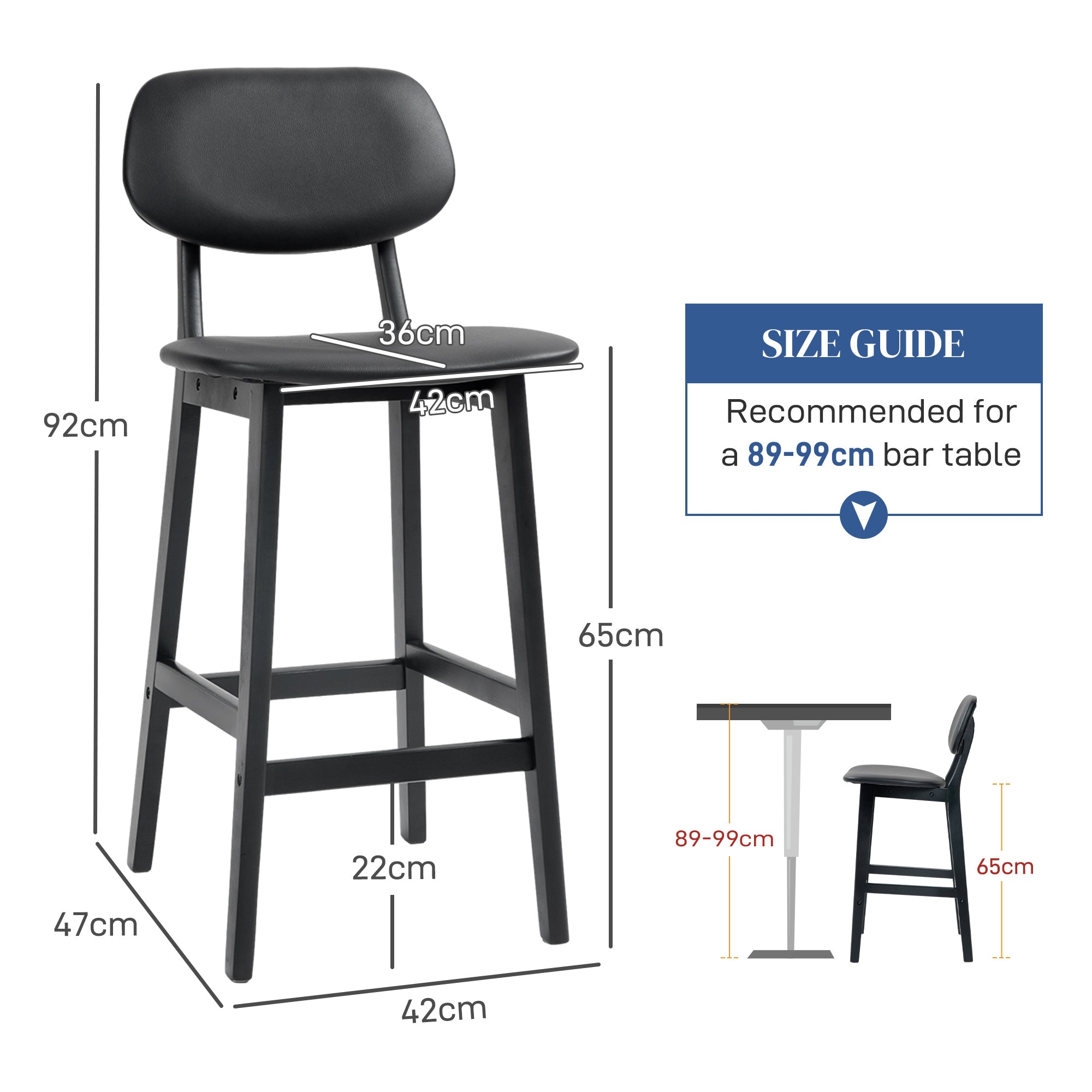 Set of Two Wooden Classic Bar Stools, with Faux Leather Seats - Black