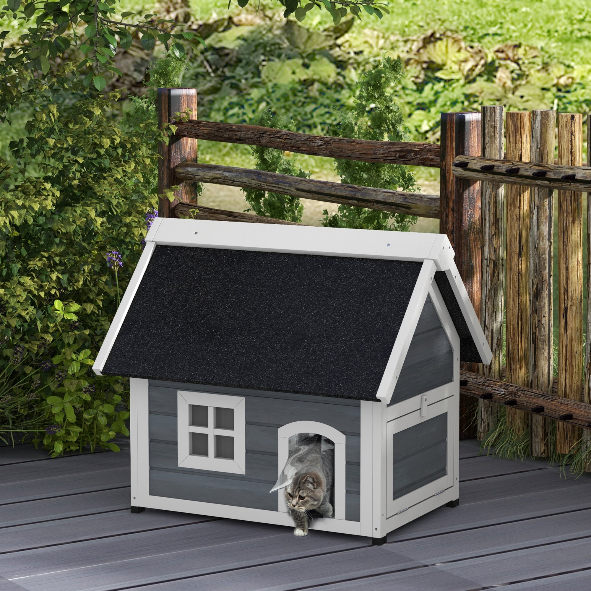 Outdoor Cat House, Wooden Feral Cat Shelter, with Openable Asphalt Roof, Three Doors - Grey