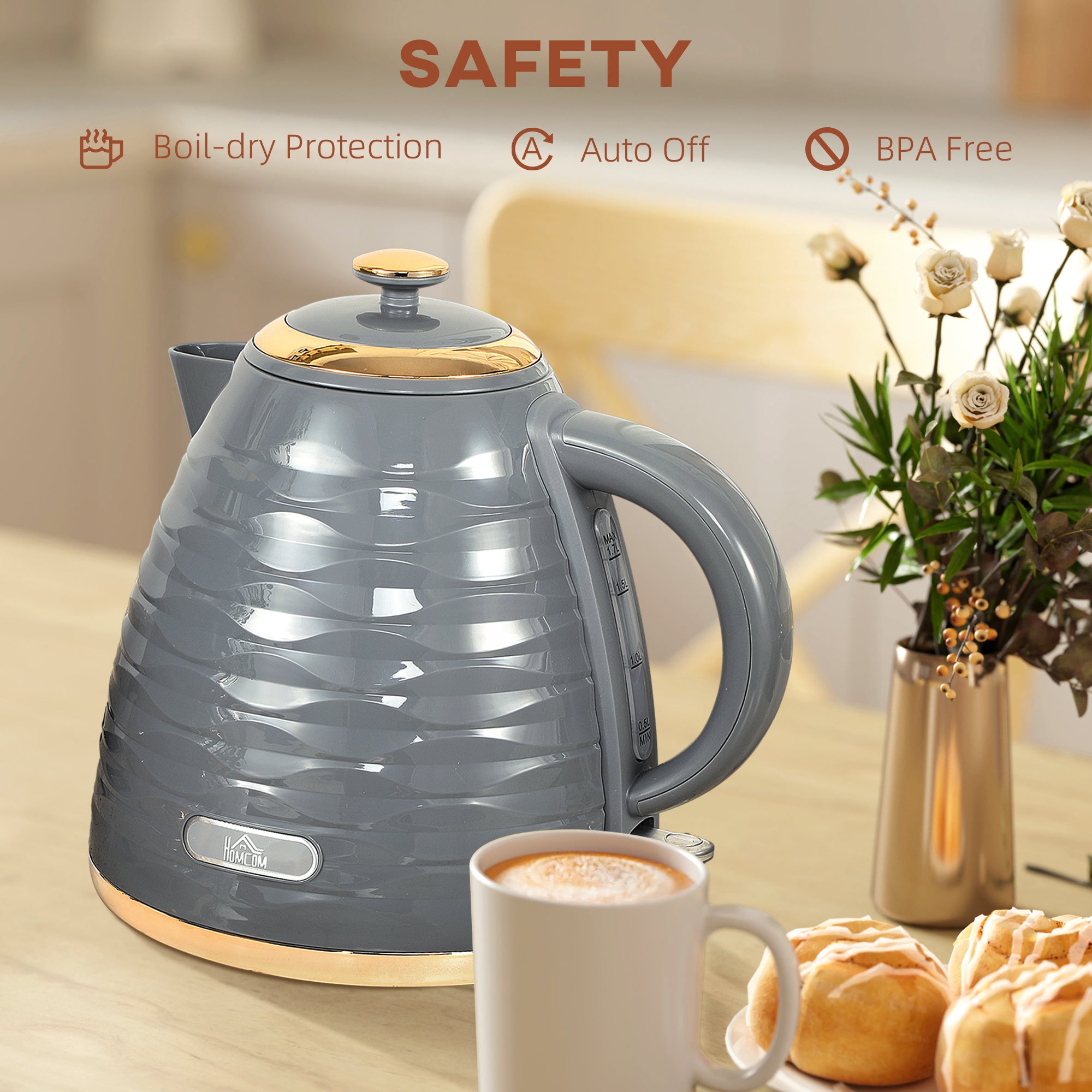 Electric Kettle, 1.7L, Fast Boil, 3kW Water Kettle with Removable Washable Anti-scale Filter, Auto Shut-off, 360° Swivel, BPA Free, Grey Water Ripple Texture