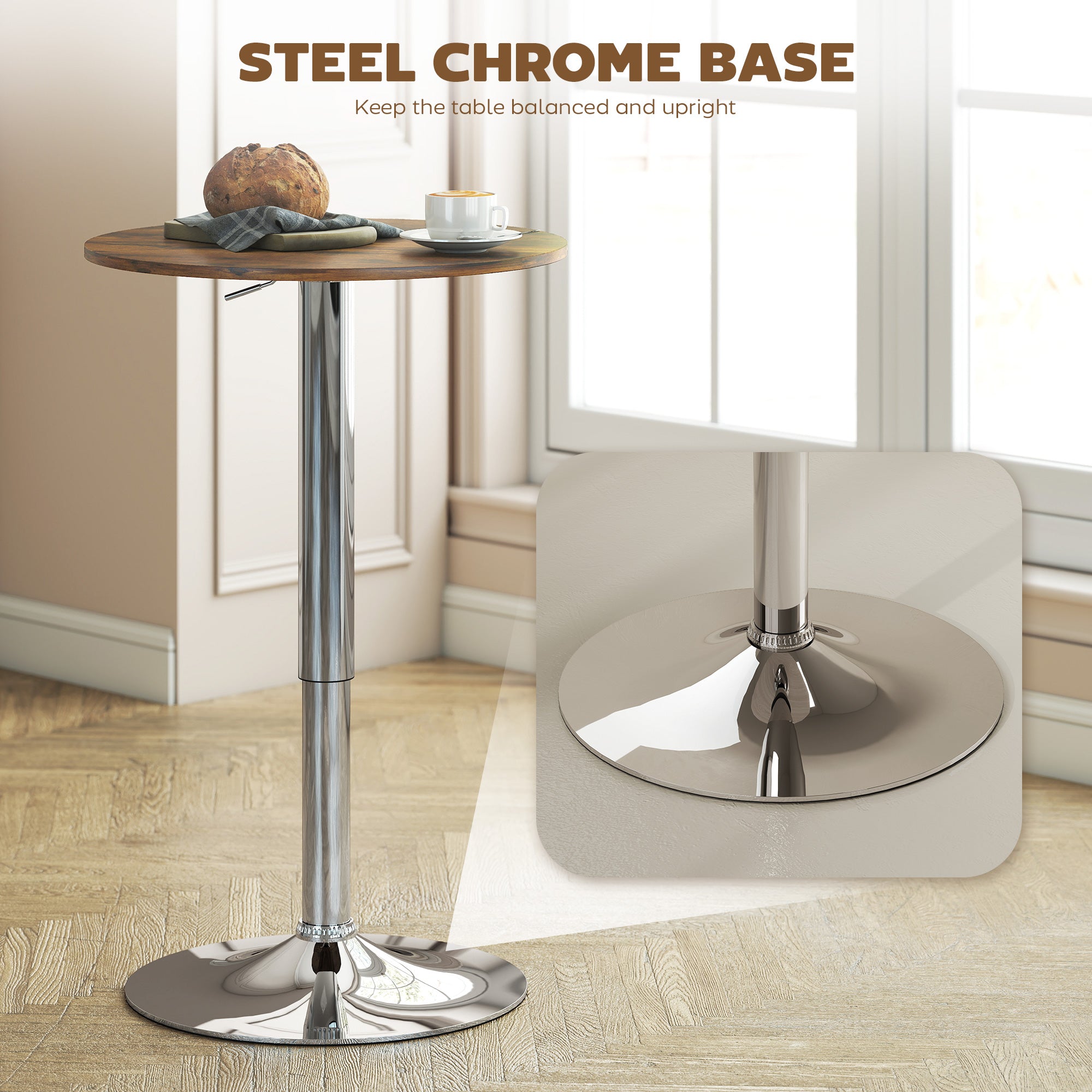 Round Bar Table, 360 Degree Swivel Counter Pub Table with Adjustable Height, for Kitchen, Cafe, Rustic Brown