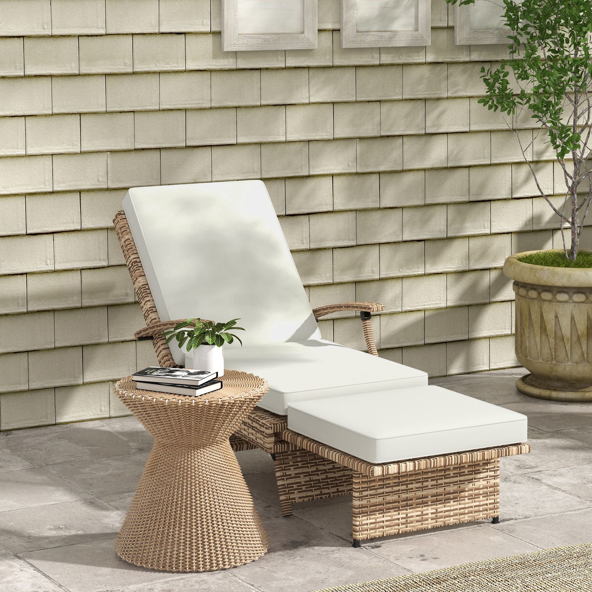 80° Reclining Rattan Lounger - White/Brown