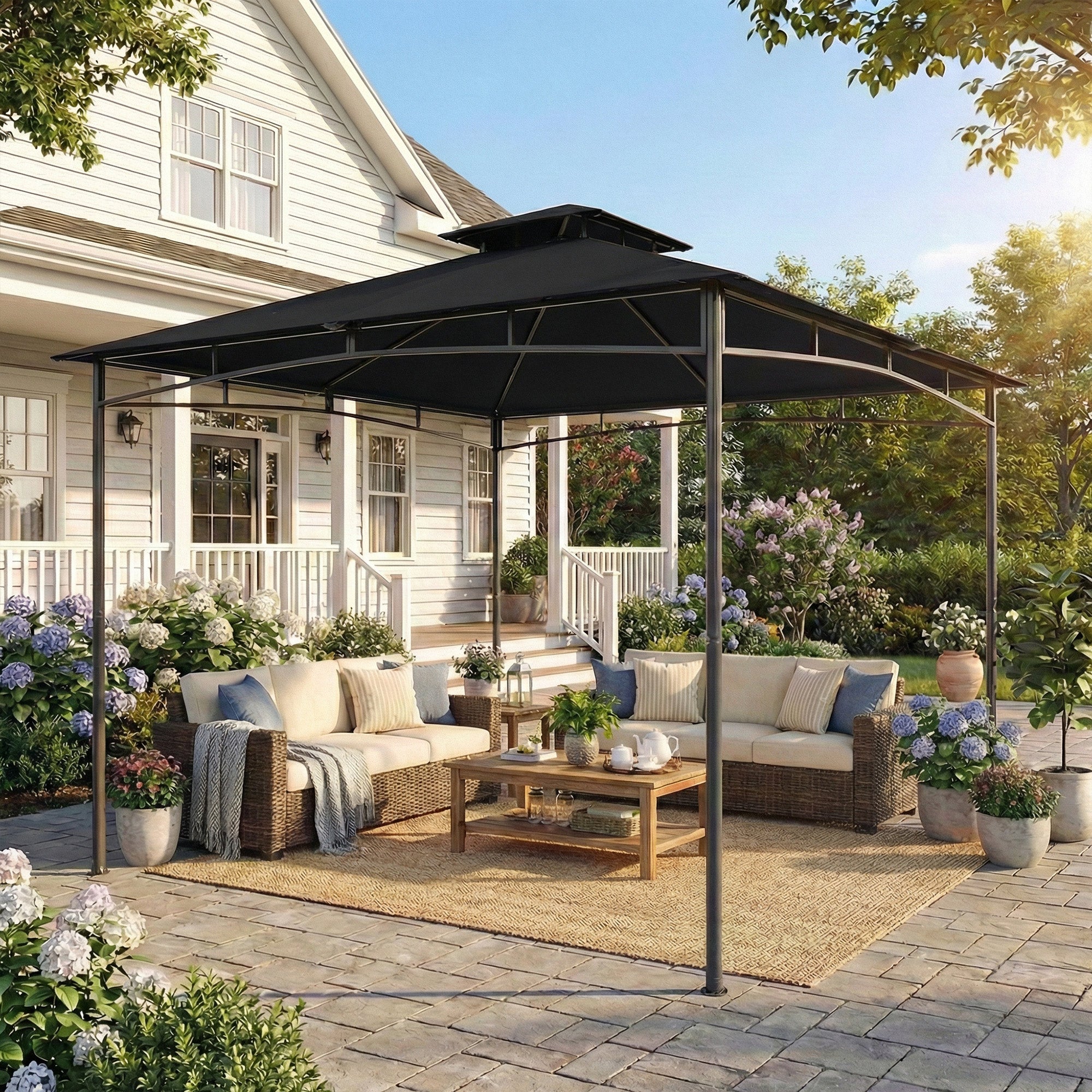 3 x 3 m Gazebo, Garden Gazebo with 2-Tier Roof, Metal Frame, Black
