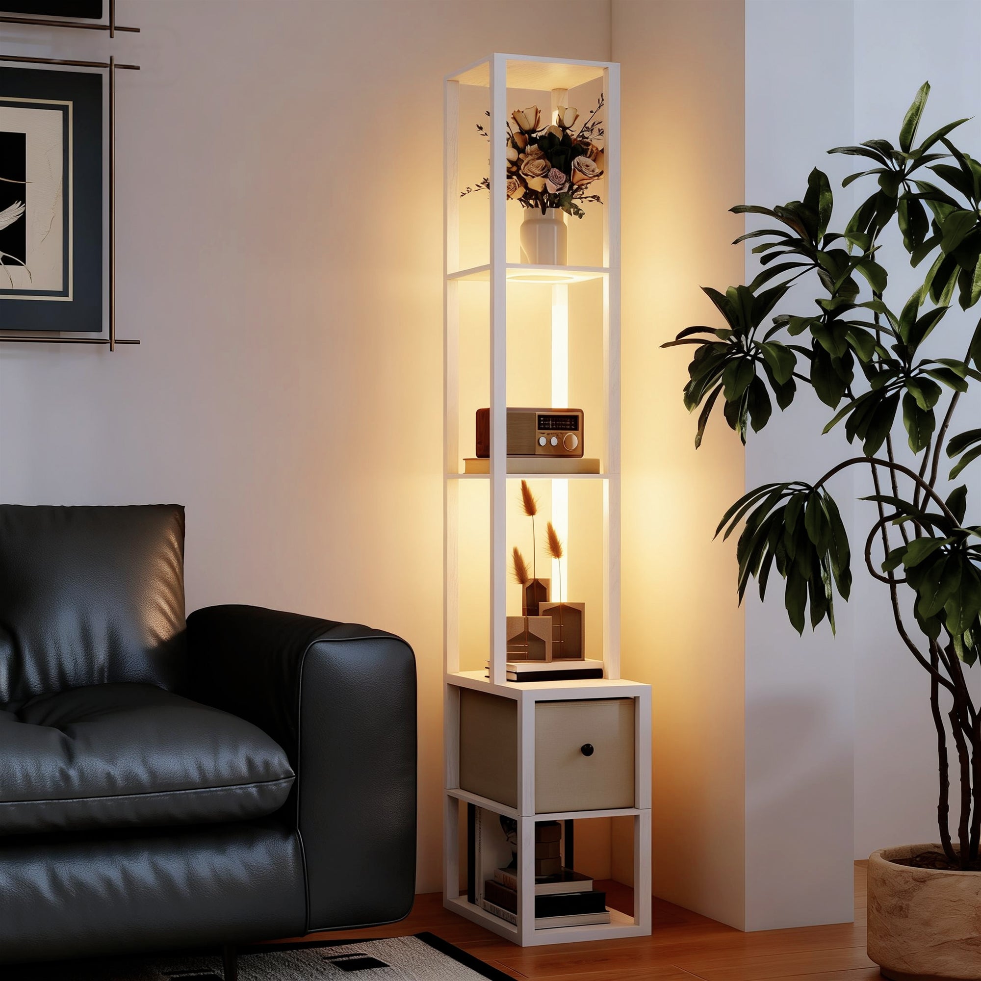 Floor Lamp with Shelves, LED Column Modern Standing Lamp with Fabric Drawer, Adjustable Brightness, Foot Switch for Living Room, Bedroom, Office, White
