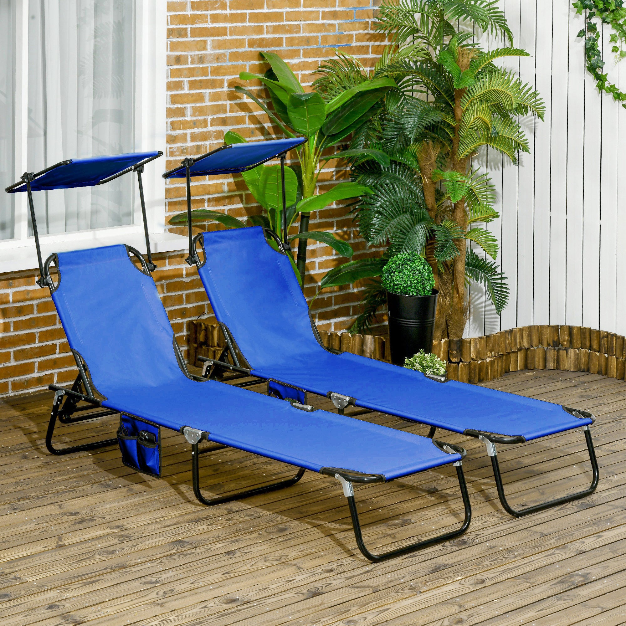 Set of Two Folding Sun Loungers, with Adjustable Backs and Sun Canopies - Blue