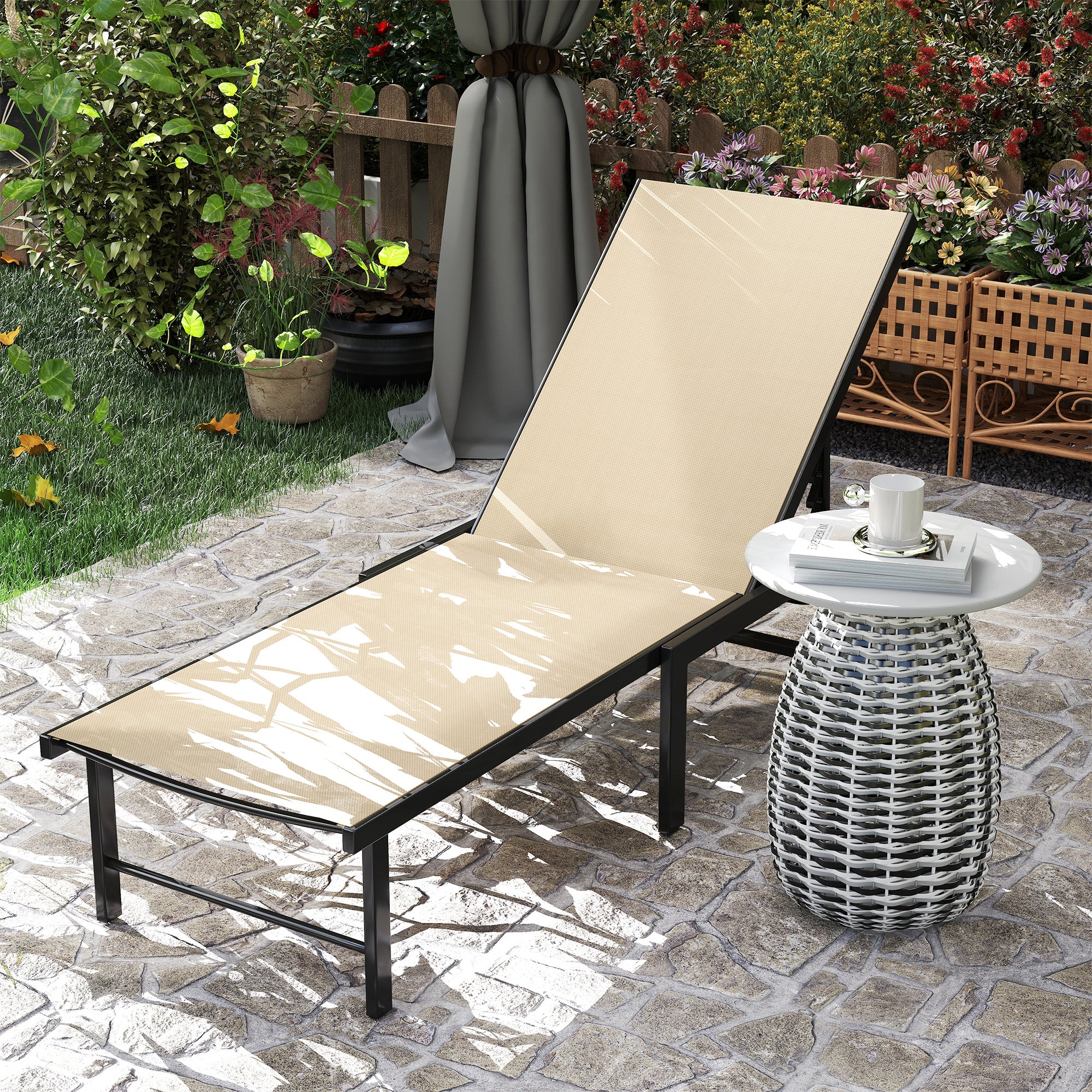5-Level Adjustable Sun Lounger Chair with Texteline Seat and Steel Frame for Garden, Patio, Beach - Khaki