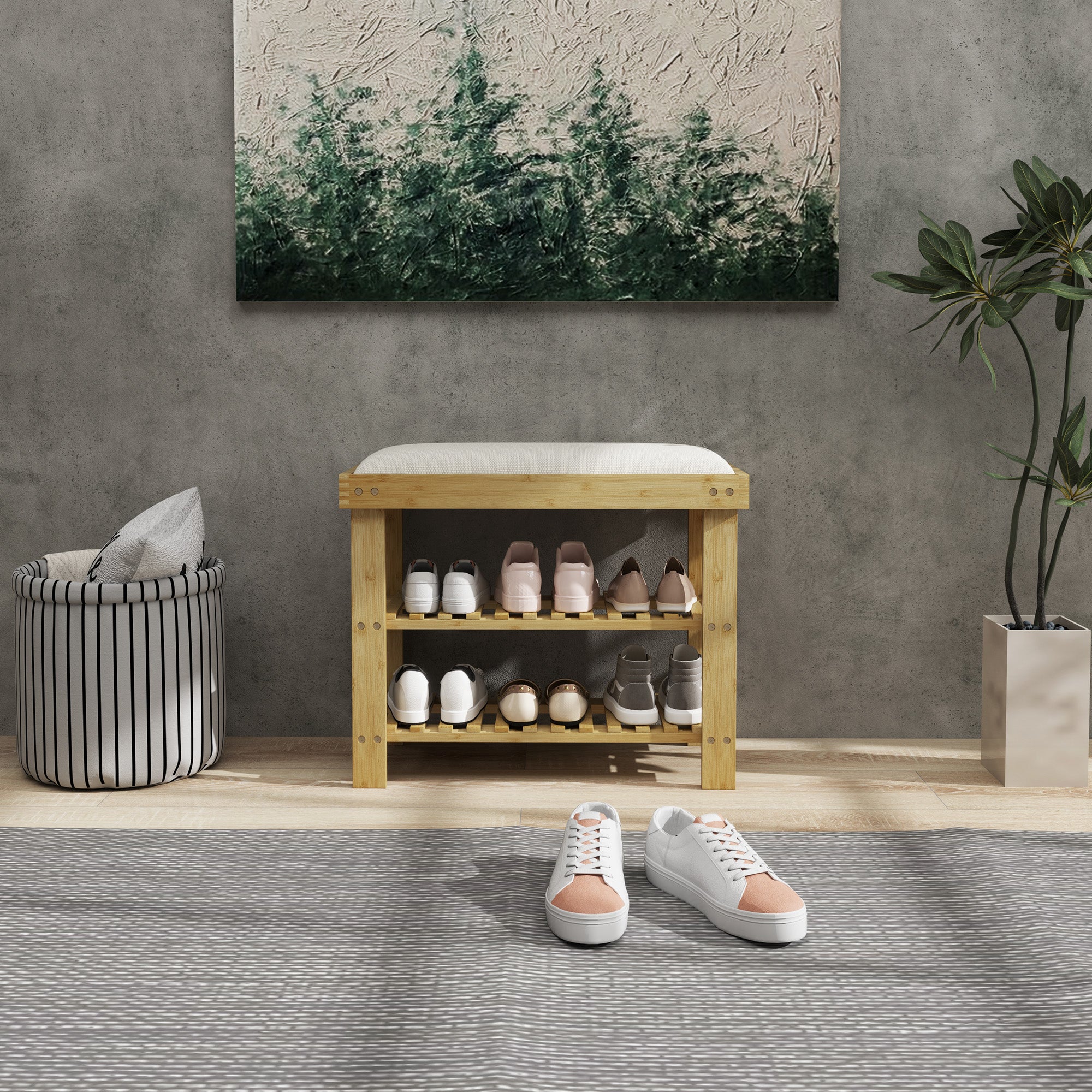 Bamboo Shoe Storage Bench, 3-Tier Shoe Bench with Seat Cushion, Shoe Rack for Entryway, Hallway, Living Room, Bedroom, Cream White
