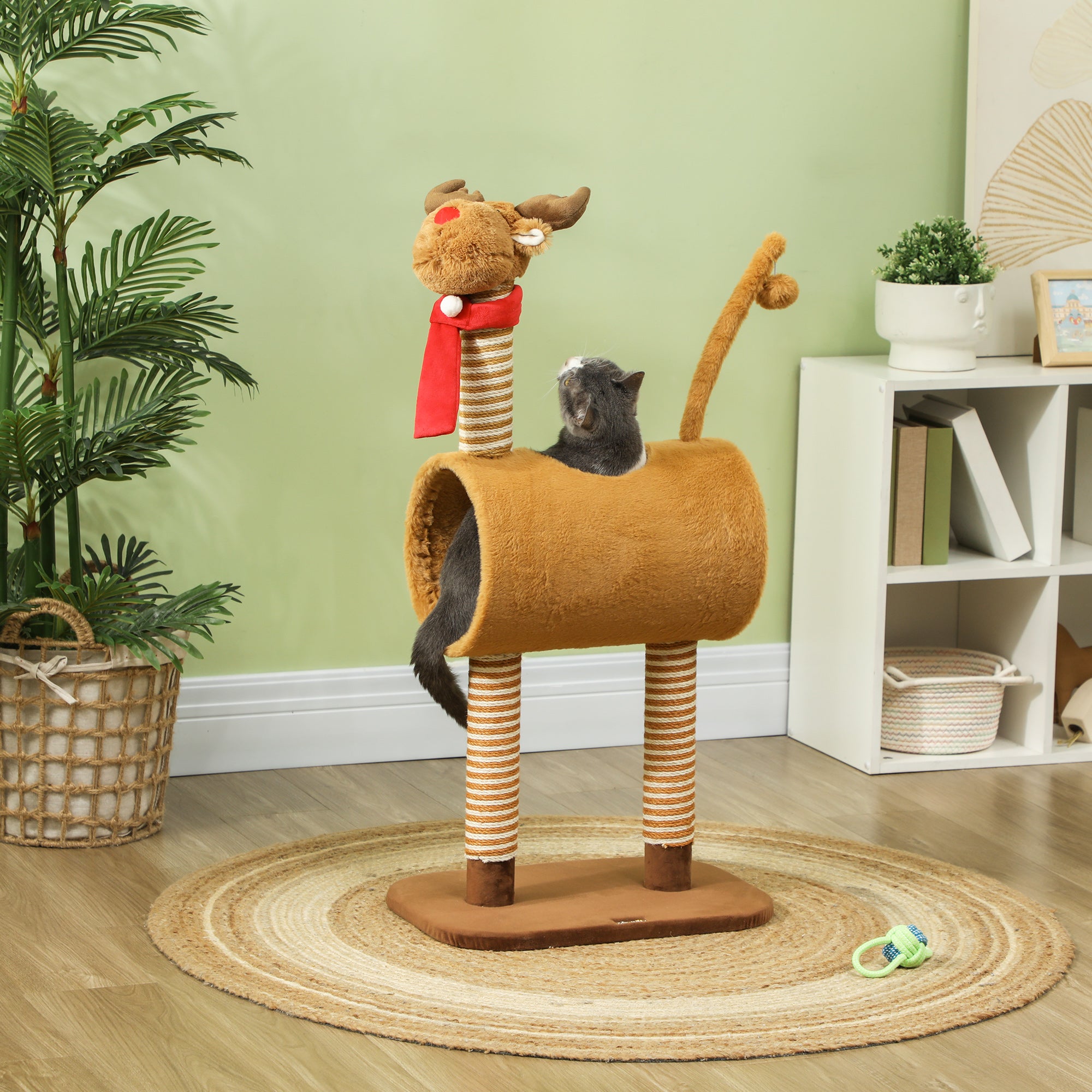 98cm Deer Themed Cat Tree with Scratching Posts, Toy Ball, Tunnel, Brown