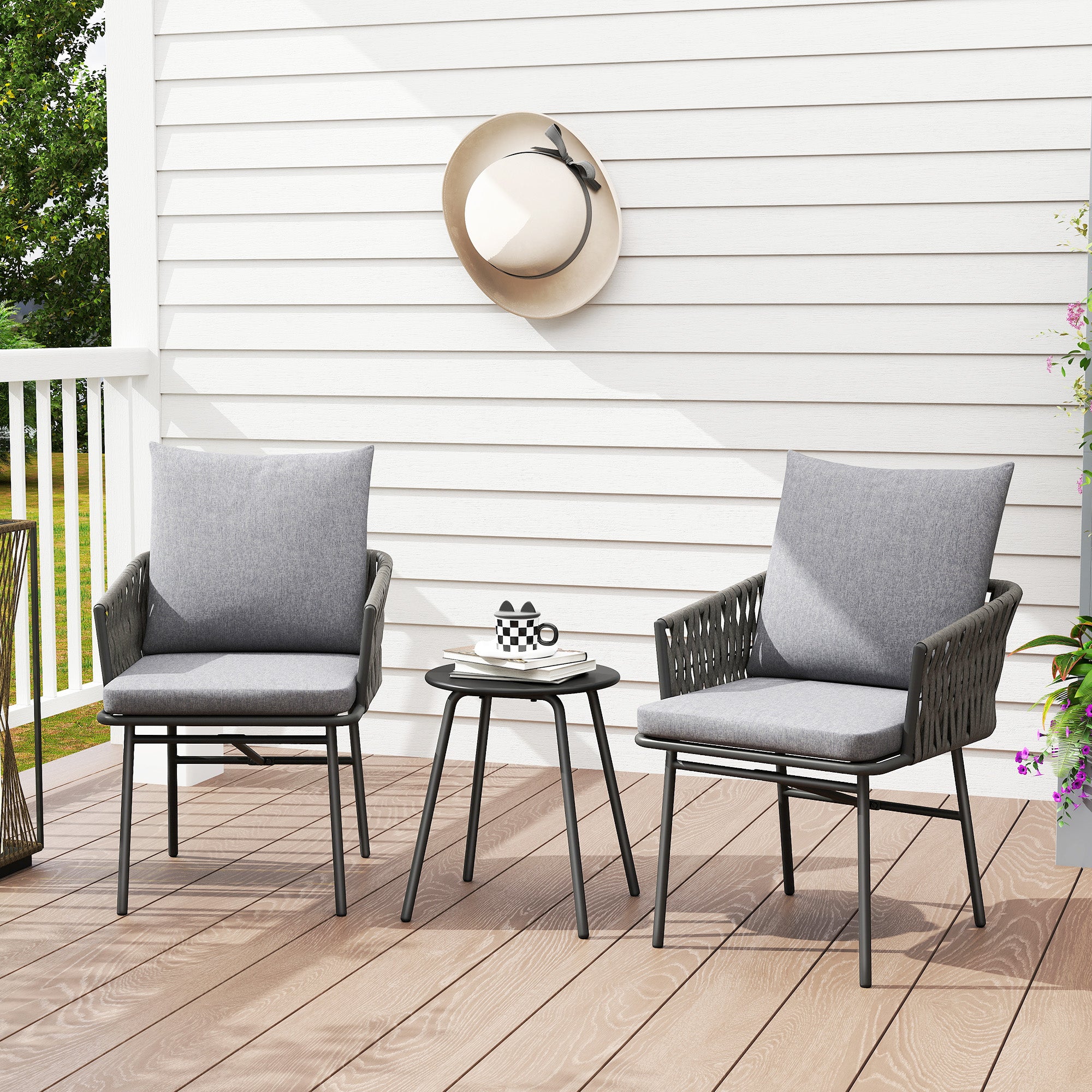 3-Piece Rattan Bistro Set, Garden Table and Chairs with 4 Cushions, Patio Rattan Conversation Furniture Set for Balcony, Porch, Terrace, Grey