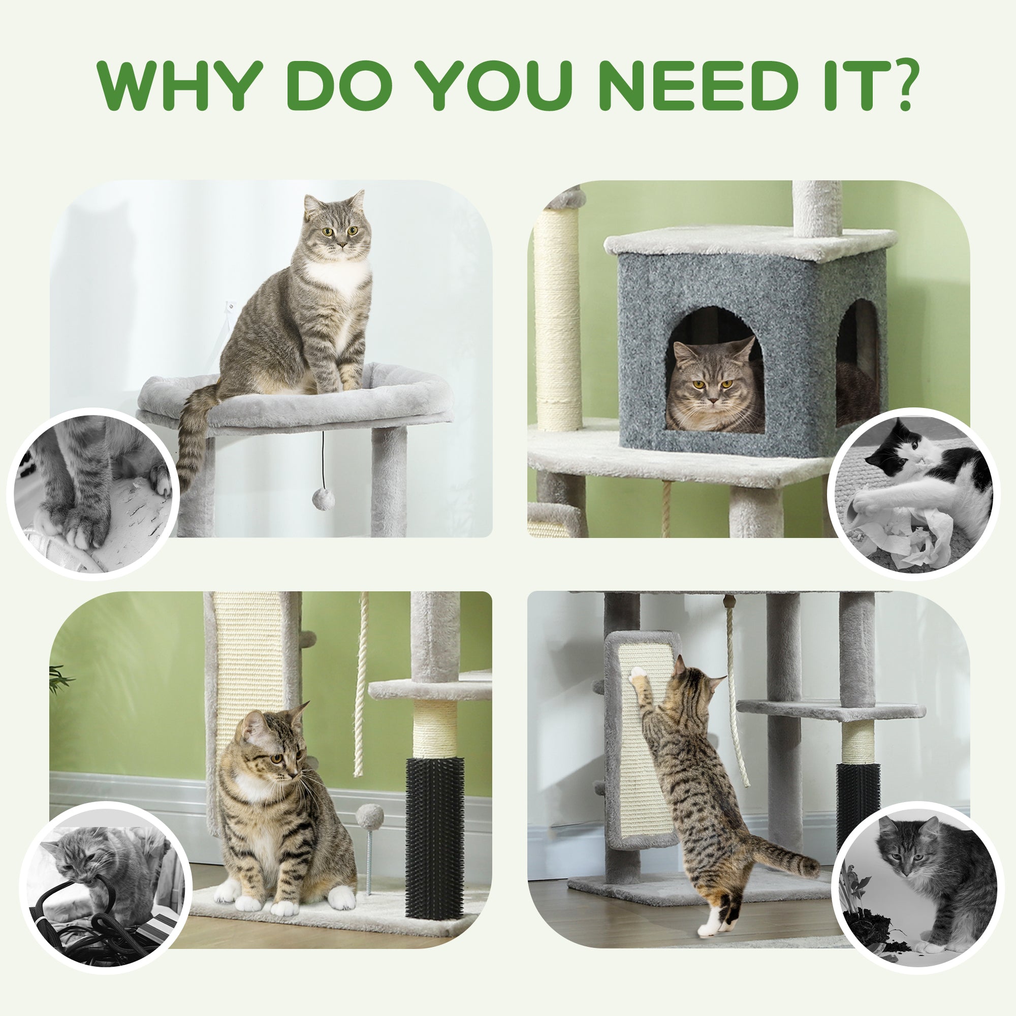 132cm Cat Tree w/ Scratching Posts, Pad, Cat Bed, Cat House, Jumping Platform, Grooming Brush, Anti-Tip Kit, Light Grey