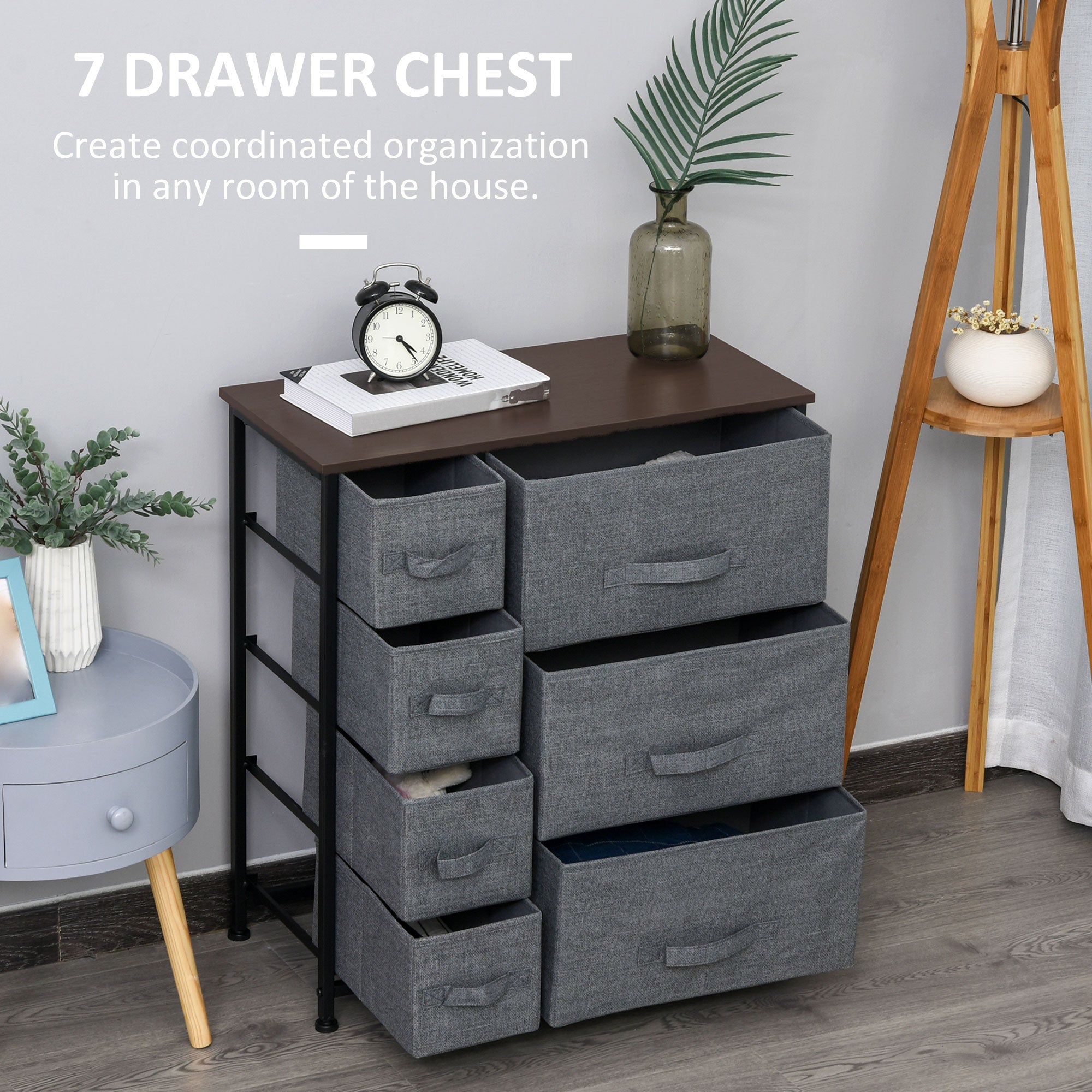 Chest of Drawers with 7 Drawers, Fabric Drawers with Large Storage Space, Drawers Dresser with Metal Frame, Adjustable Feet for Bedroom Living Room, Dark Grey