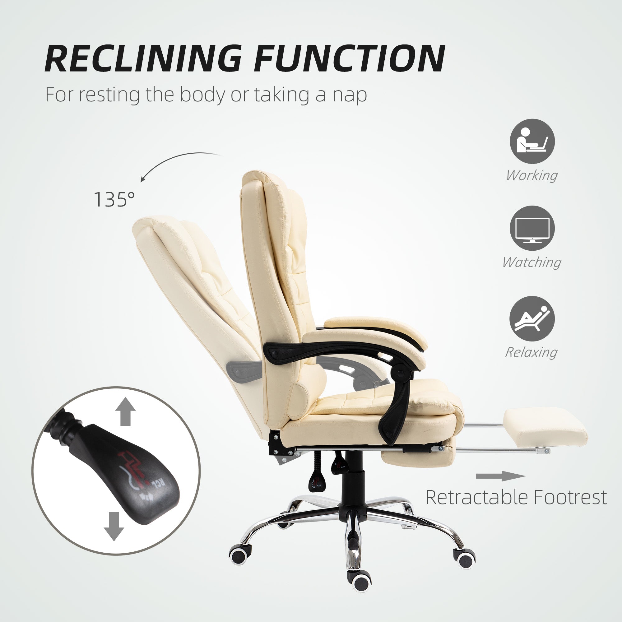 Executive Office Chair, Home Office Chair with Swivel Wheels, Reclining Backrest, Retractable Footrest, Cream White