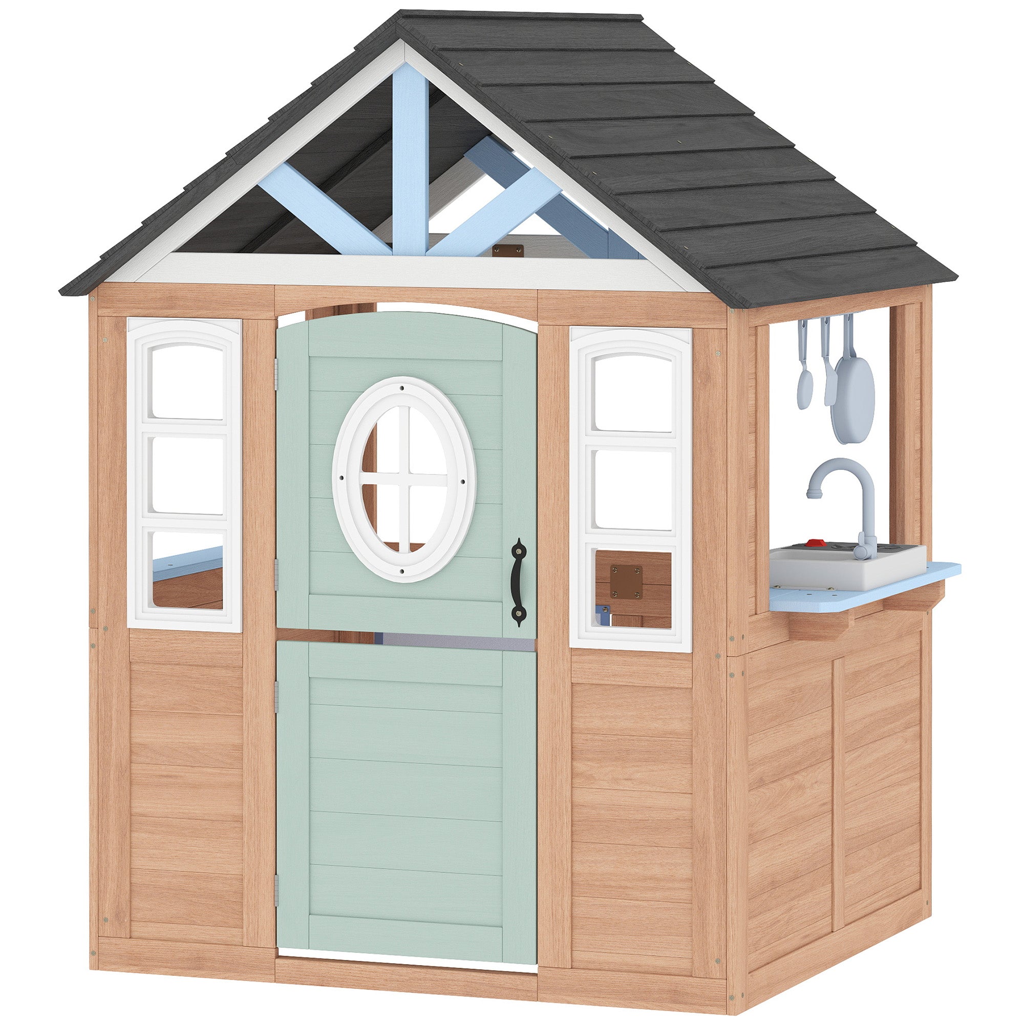 Wooden Playhouse for Kids, Wendy House with Pet Door, Play Kitchen, Half Door and Windows for Indoor Outdoor, Ages 2+