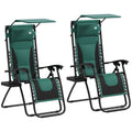 Set of 2 Zero Gravity Lounger Chairs with Padded Seat, Tray & Shade Cover - Green