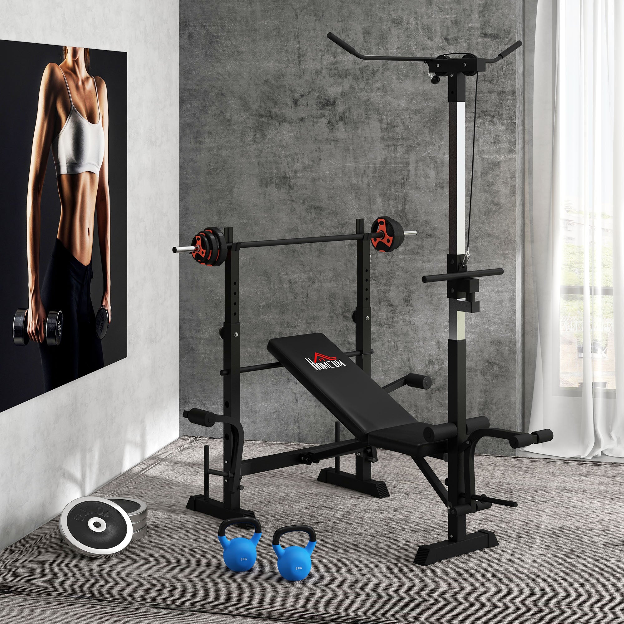 Adjustable Weight Bench with Pulley System, Incline Bench Press Set with Squat Rack, Leg Developer, Butterfly and Weight Storage, for Home Gym Full Body Workout