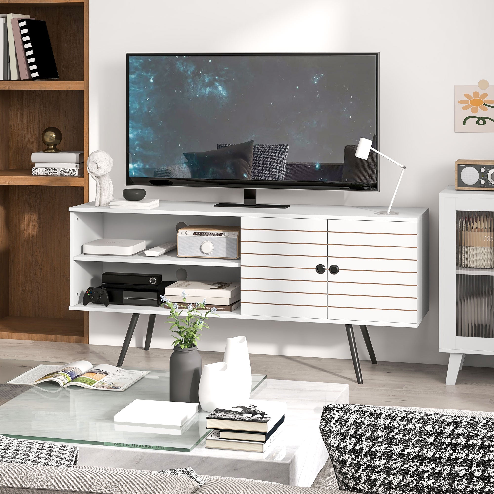 Duo Storage TV Unit, with Striped Door - White