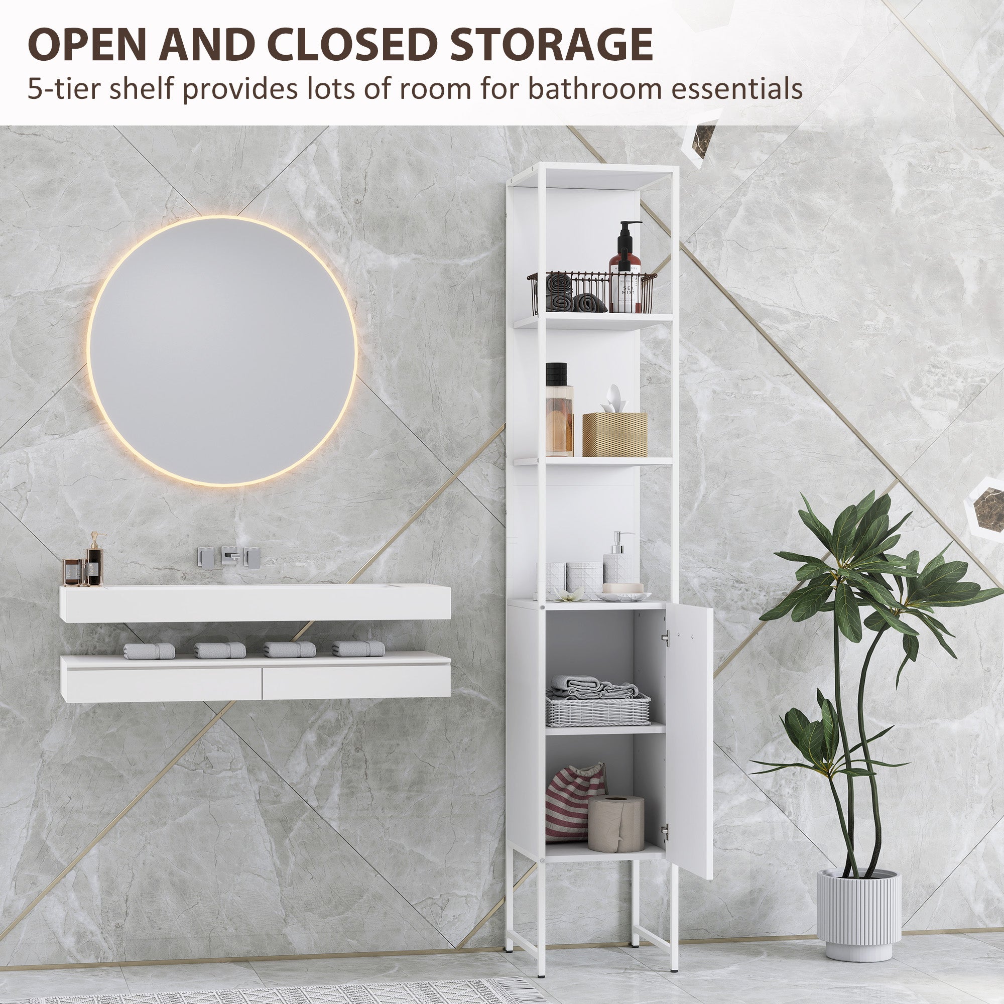 Tall Bathroom Cabinet with Open Shelves and Adjustable Shelf - White