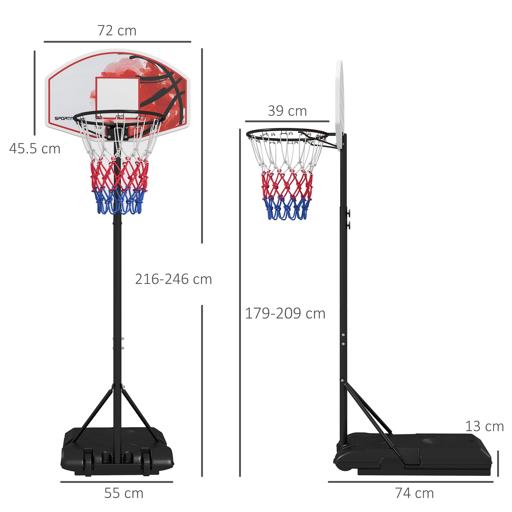 Adjustable Basketball Stand Net System, with Wheels, Enlarged Base, PE, Backboard, 179-209cm