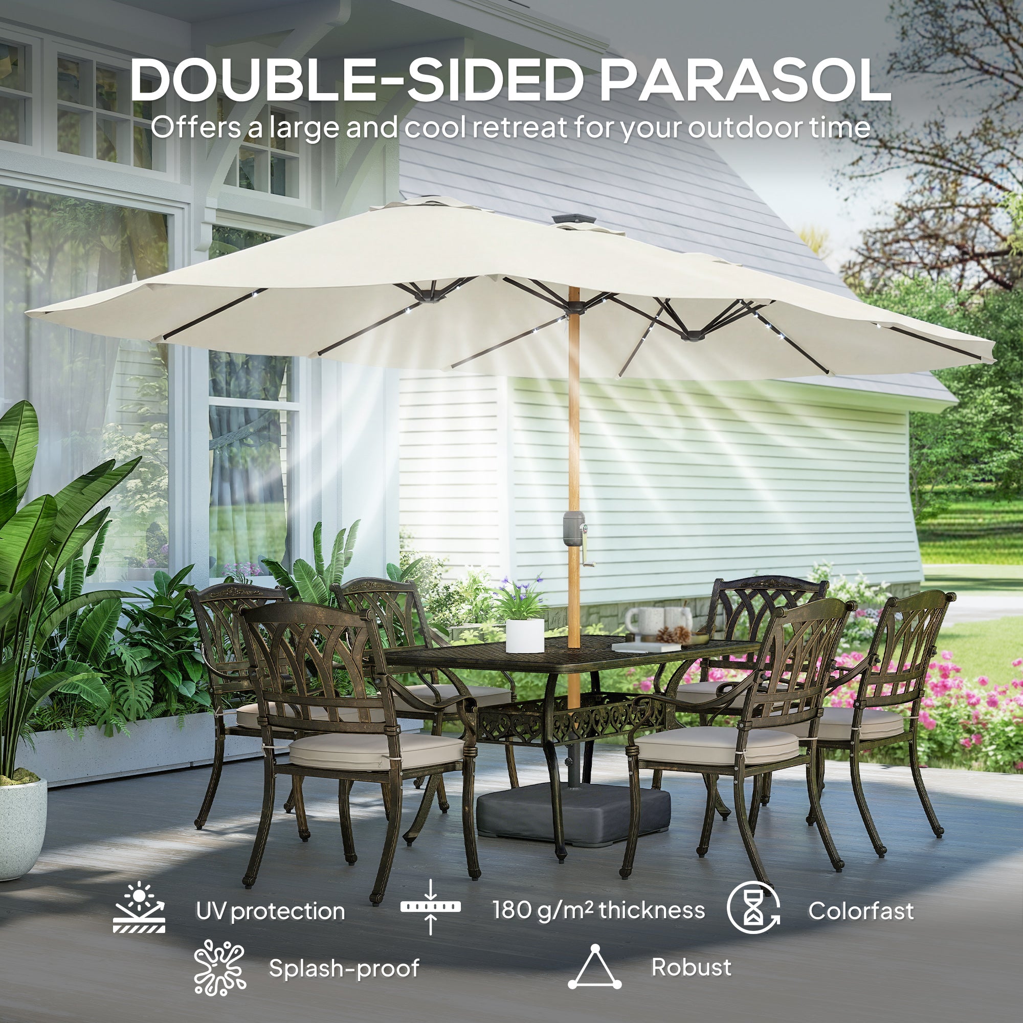 Double Sided Garden Parasol with Base Included & 48 Solar LED Lights Patio Umbrella Crank Handle 4.6m Cream White
