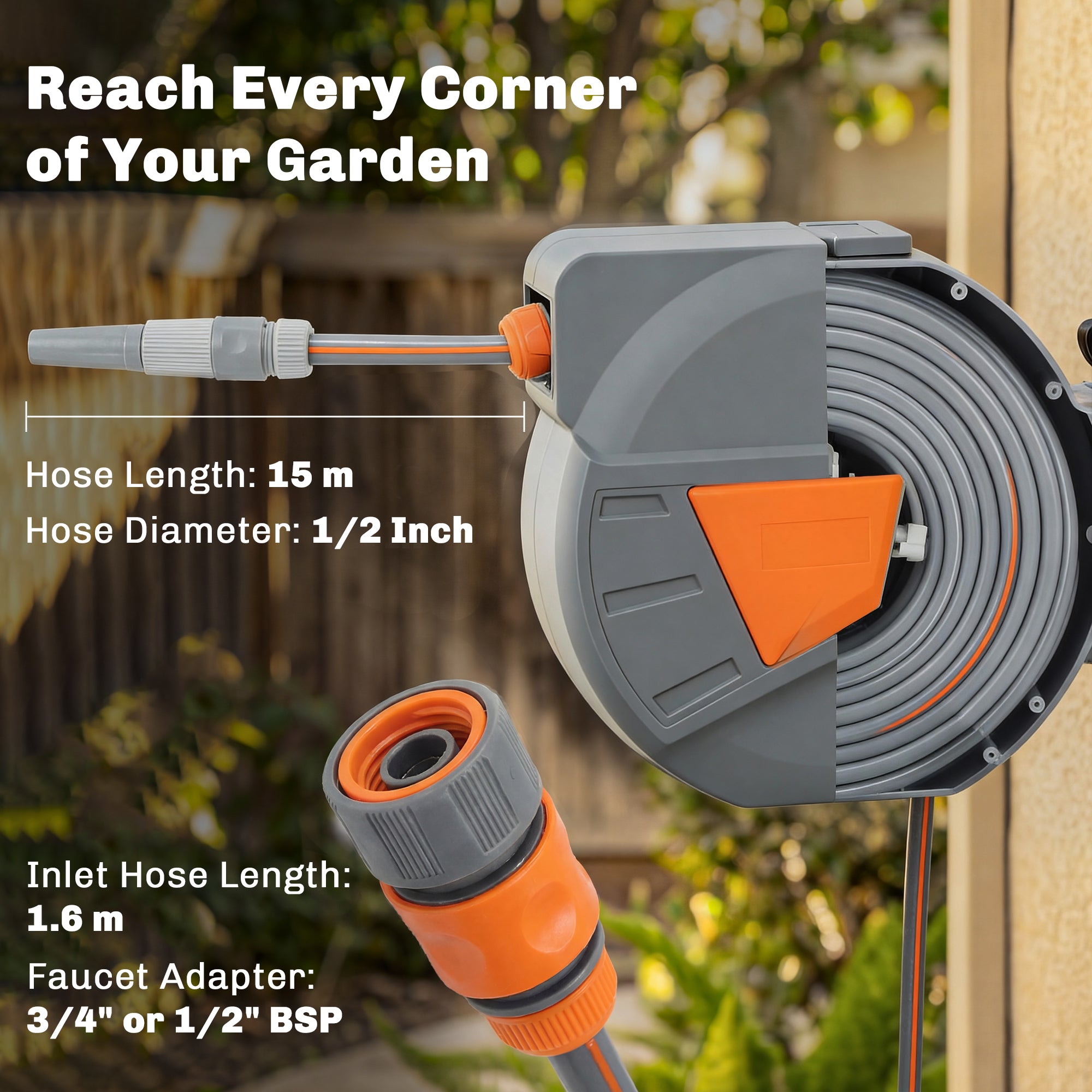Retractable Hose Reel Wall Mounted, 15+1.6m Garden Hose Pipe Reel with Auto Retraction, Self-Locking, Orange