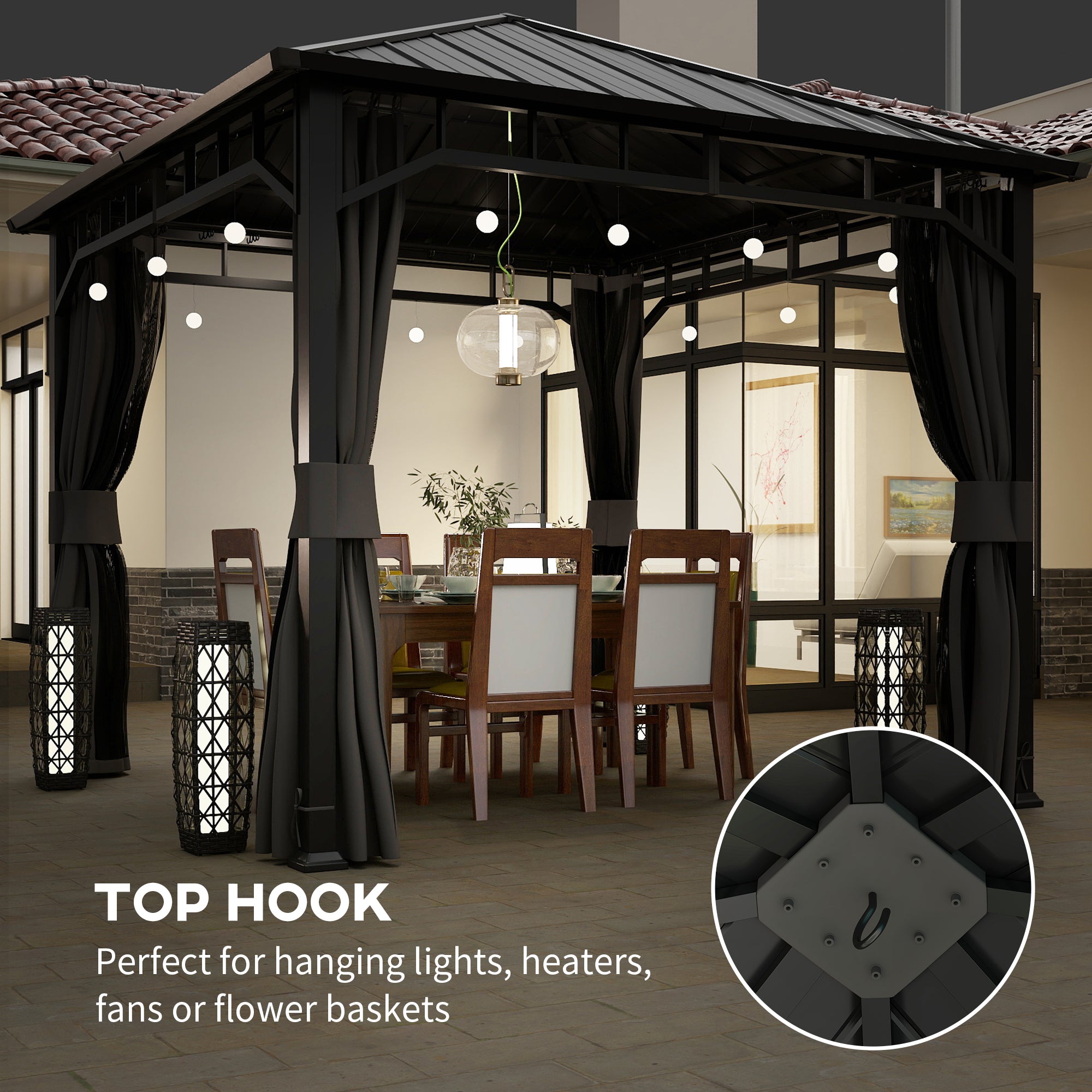 3 x 3m Hardtop Gazebo with Galvanised Steel Roof, Water Gutter, Netting & Curtains for Patio - Dark Grey